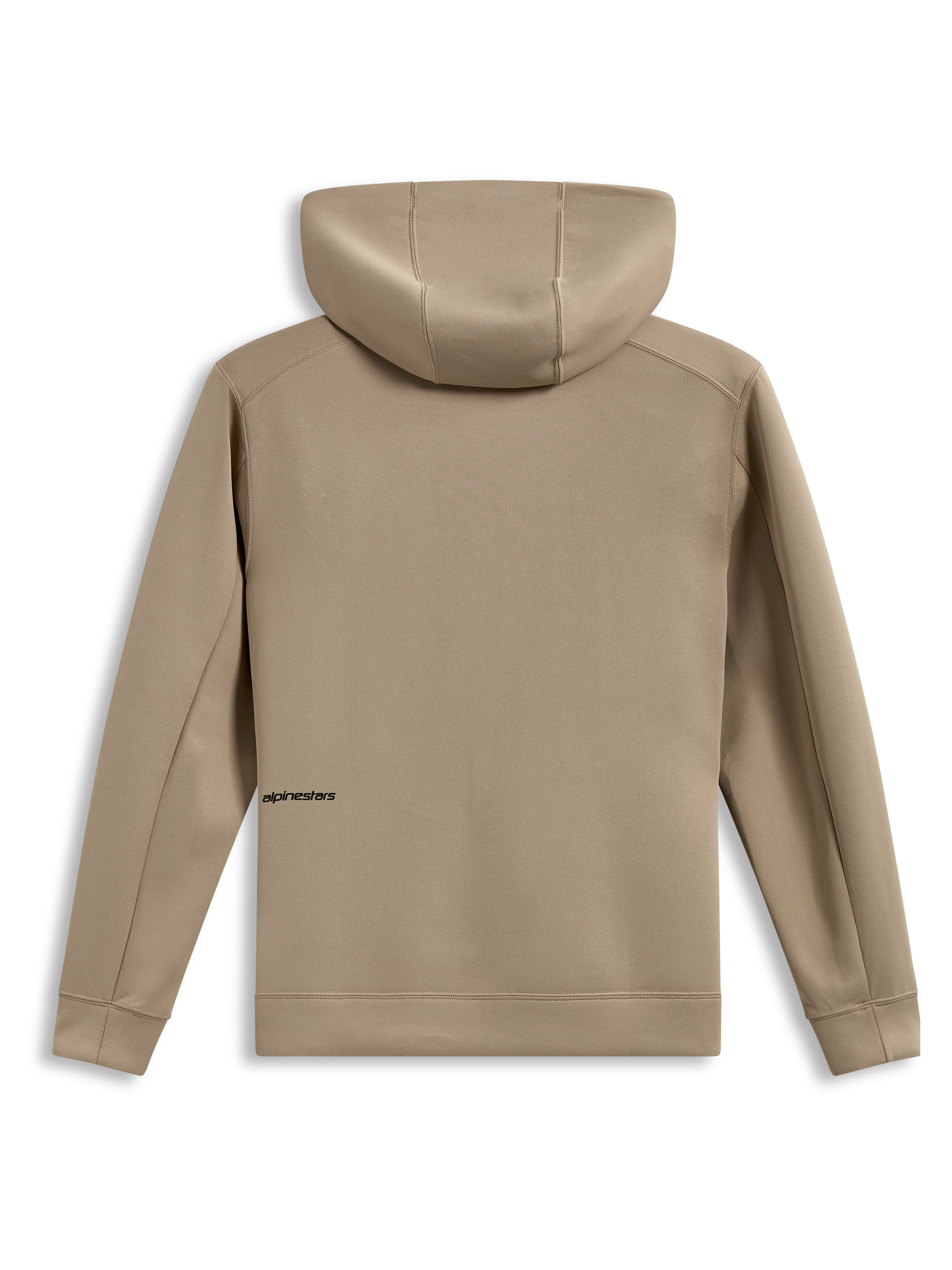 Alpinestars Cypher Hoodie, felpa sportswear beige in pile tri-blend, vista posteriore con cappuccio a collo alto e logo.