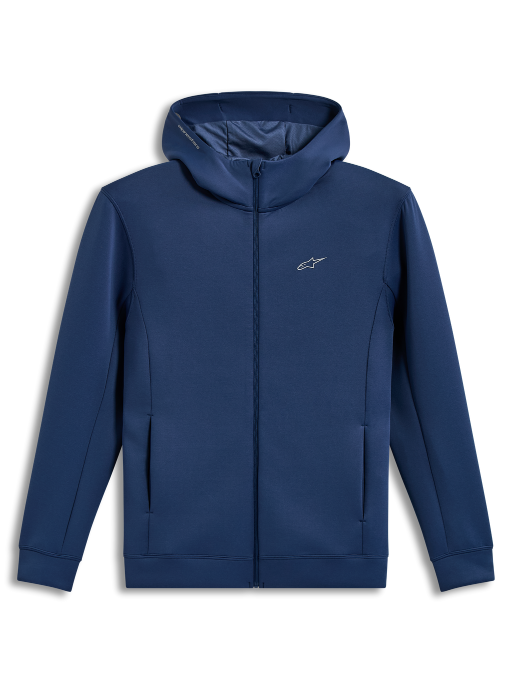Alpinestars Cypher Hoodie, felpa con cappuccio a collo alto e zip, blu acciaio, pile tri-blend, logo Astars, abbigliamento sportivo casual