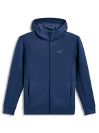 Alpinestars Cypher Hoodie, felpa con cappuccio a collo alto e zip, blu acciaio, pile tri-blend, logo Astars, abbigliamento sportivo casual