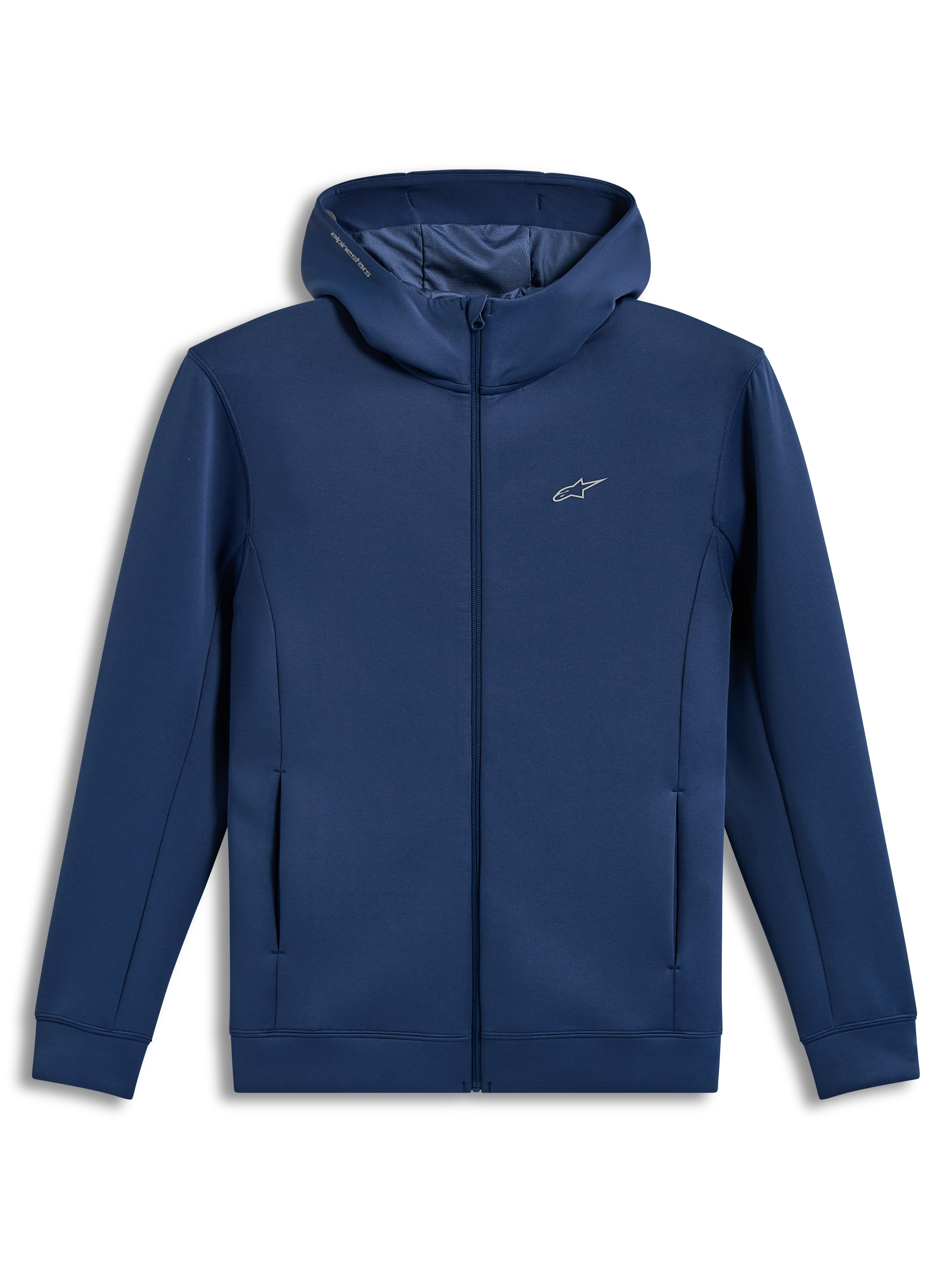 Alpinestars Cypher Hoodie, felpa con cappuccio a collo alto e zip, blu acciaio, pile tri-blend, logo Astars, abbigliamento sportivo casual