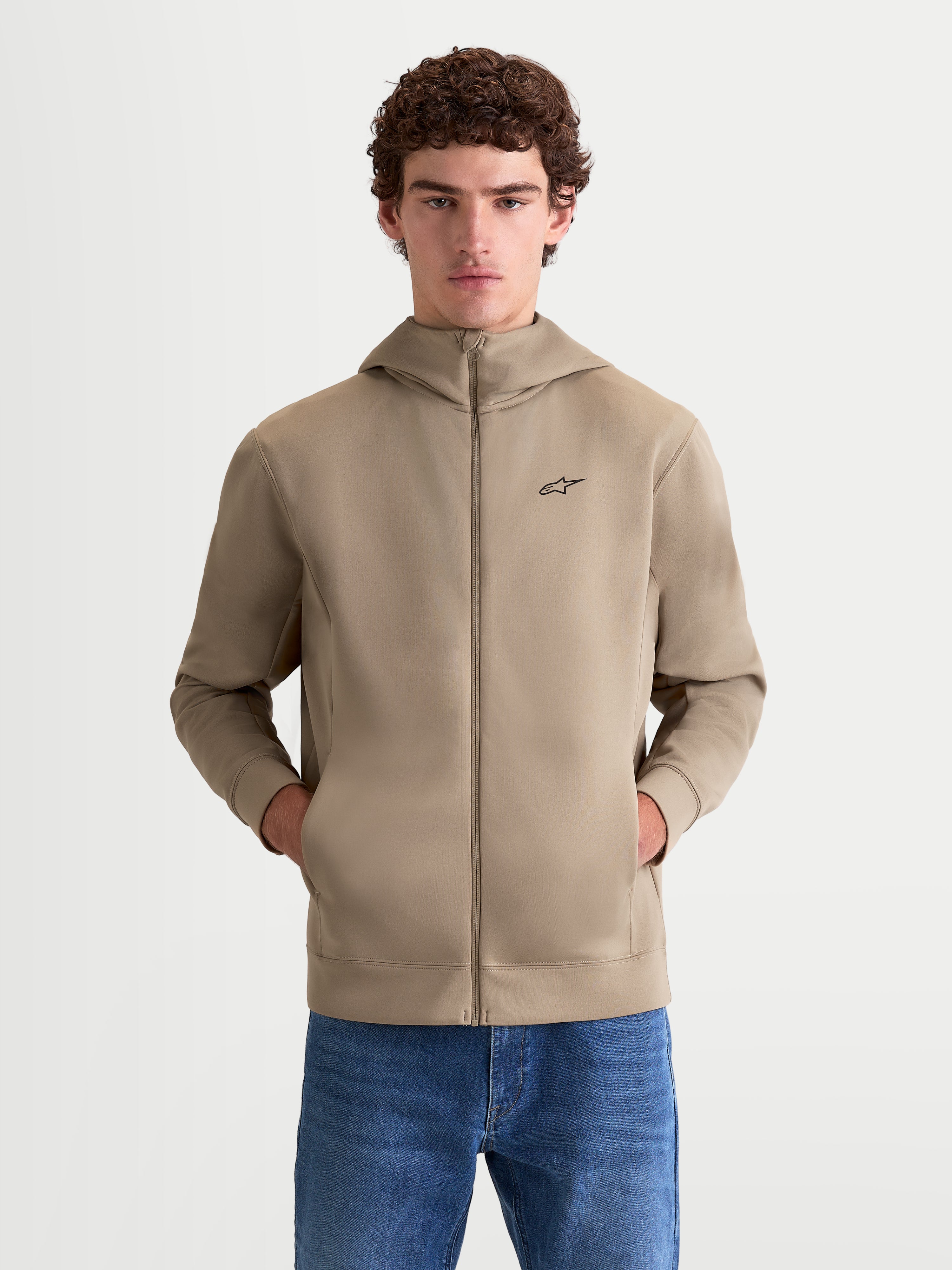 Alpinestars Cypher Hoodie, felpa con cappuccio sportswear da uomo con zip frontale, beige, logo nero sul petto, cappuccio a collo alto e tasche laterali, stile motorsport in pile tri-blend double-face