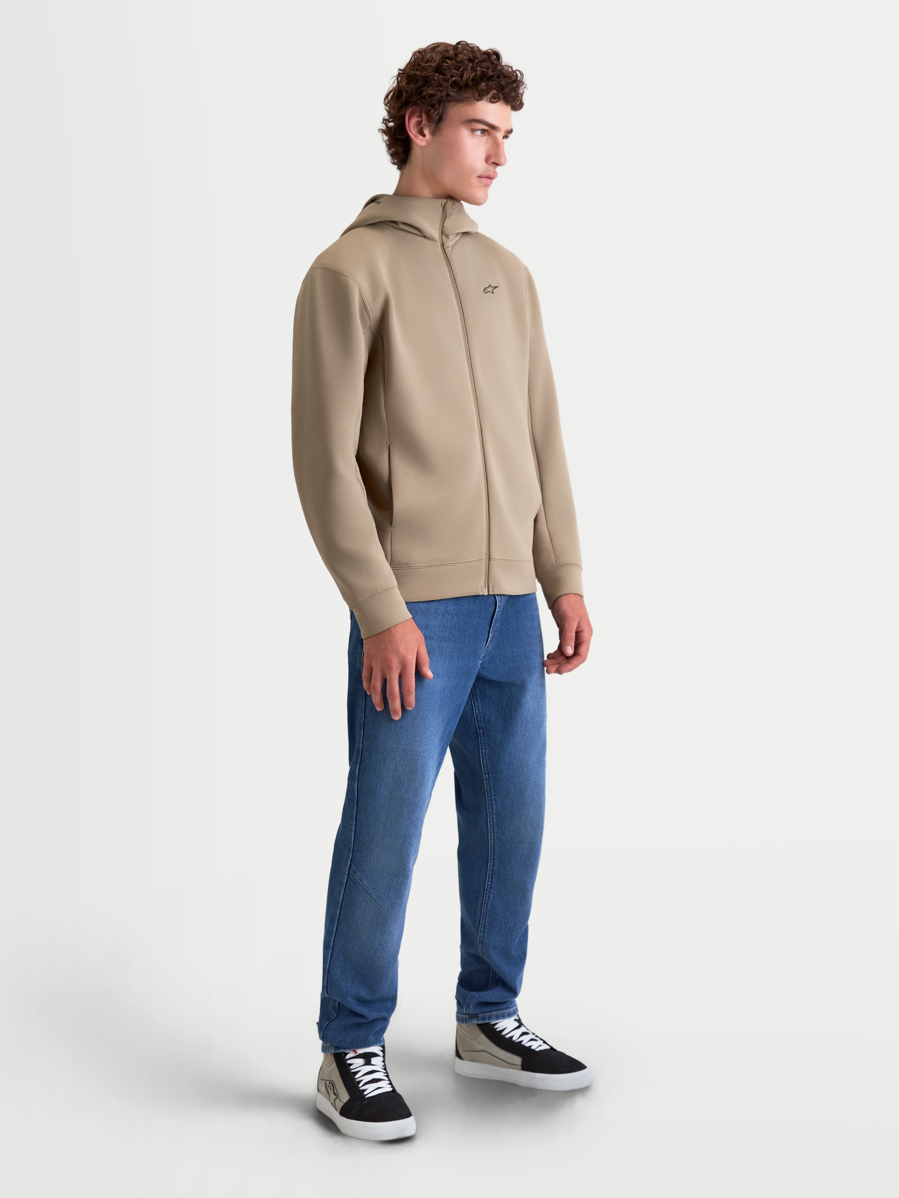Alpinestars Felpa Con Cappuccio Cypher, felpa sportswear da uomo con chiusura a zip integrale, colore beige putty, cappuccio a collo alto e tessuto in pile tri-blend double-face, stile ispirato al motorsport.