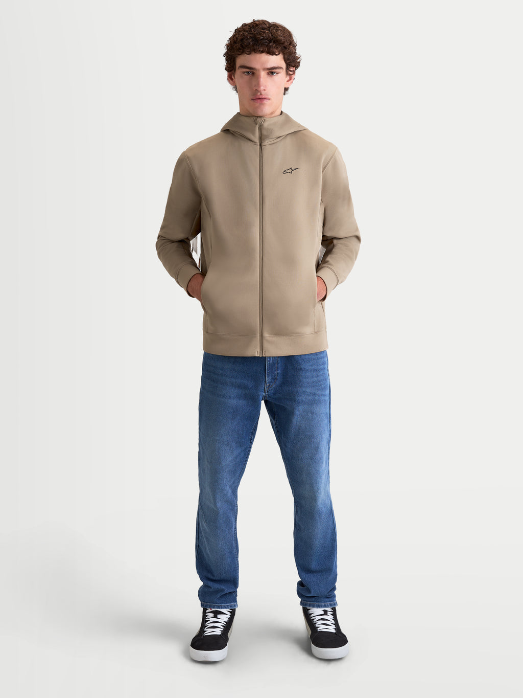 Alpinestars Felpa con cappuccio Cypher, felpa sportswear da uomo con zip integrale, colore beige, cappuccio a collo alto e piccolo logo nero sul petto, design ispirato al motorsport