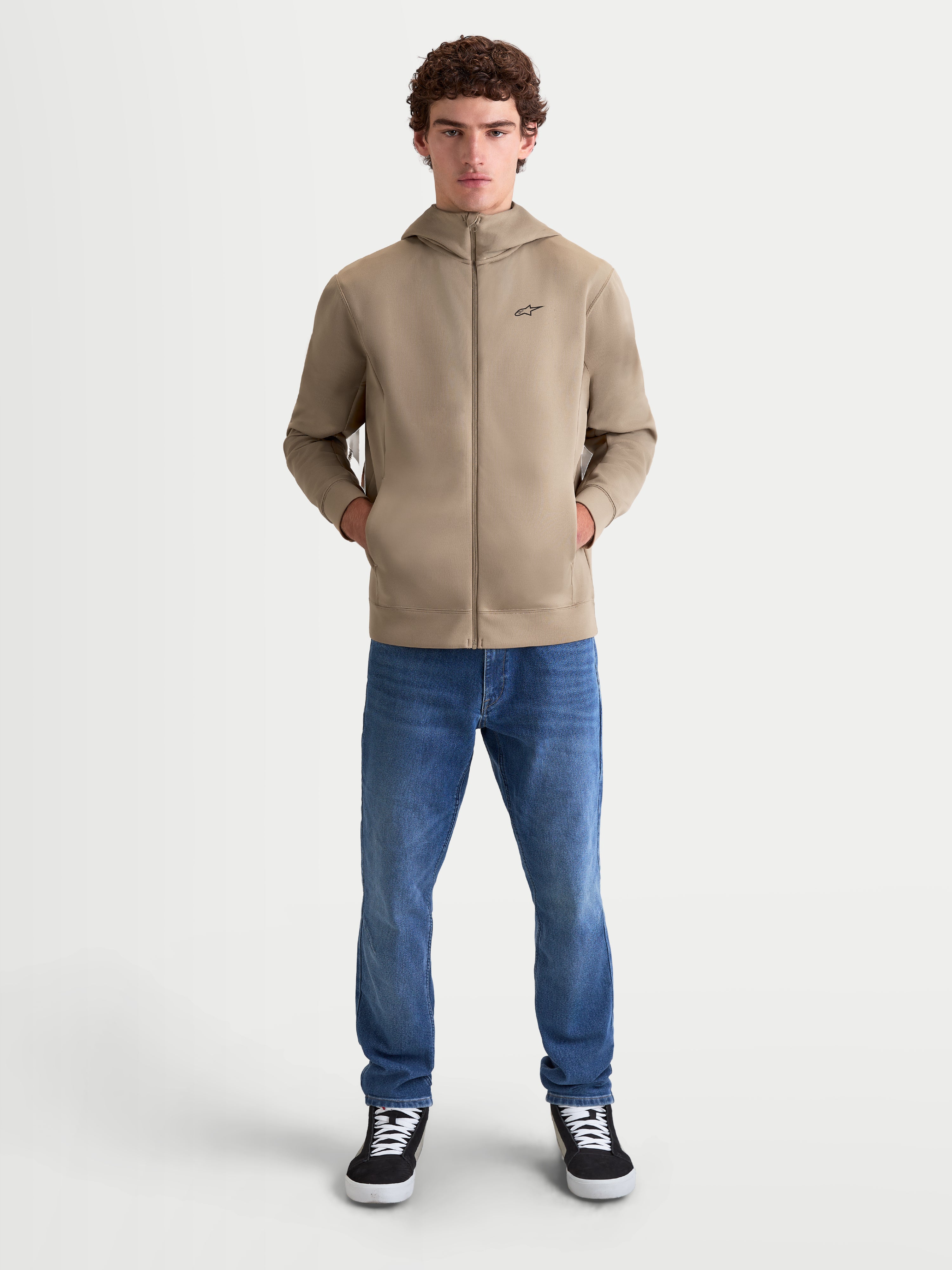 Alpinestars Felpa con cappuccio Cypher, felpa sportswear da uomo con zip integrale, colore beige, cappuccio a collo alto e piccolo logo nero sul petto, design ispirato al motorsport