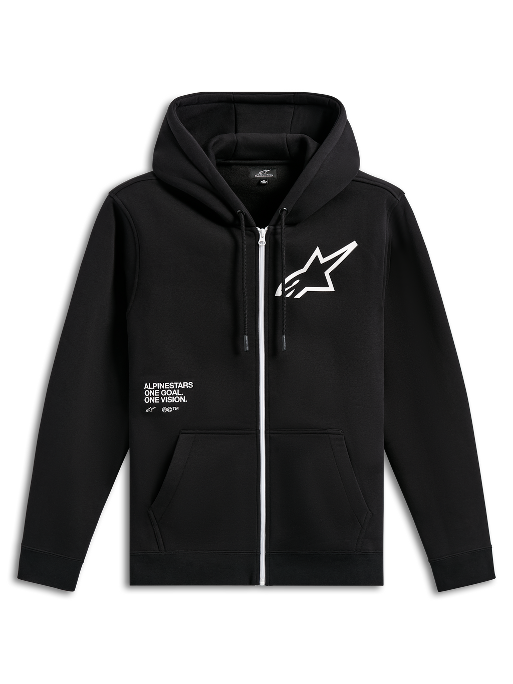 Alpinestars Transverse Hoodie, felpa nera con zip frontale, cerniera bianca, grande logo Astars bianco sul petto, grafica con scritta 'One Goal, One Vision', cappuccio con cordini e polsini a coste, streetwear casual motorsport