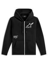 Alpinestars Transverse Hoodie, felpa nera con zip frontale, cerniera bianca, grande logo Astars bianco sul petto, grafica con scritta 'One Goal, One Vision', cappuccio con cordini e polsini a coste, streetwear casual motorsport