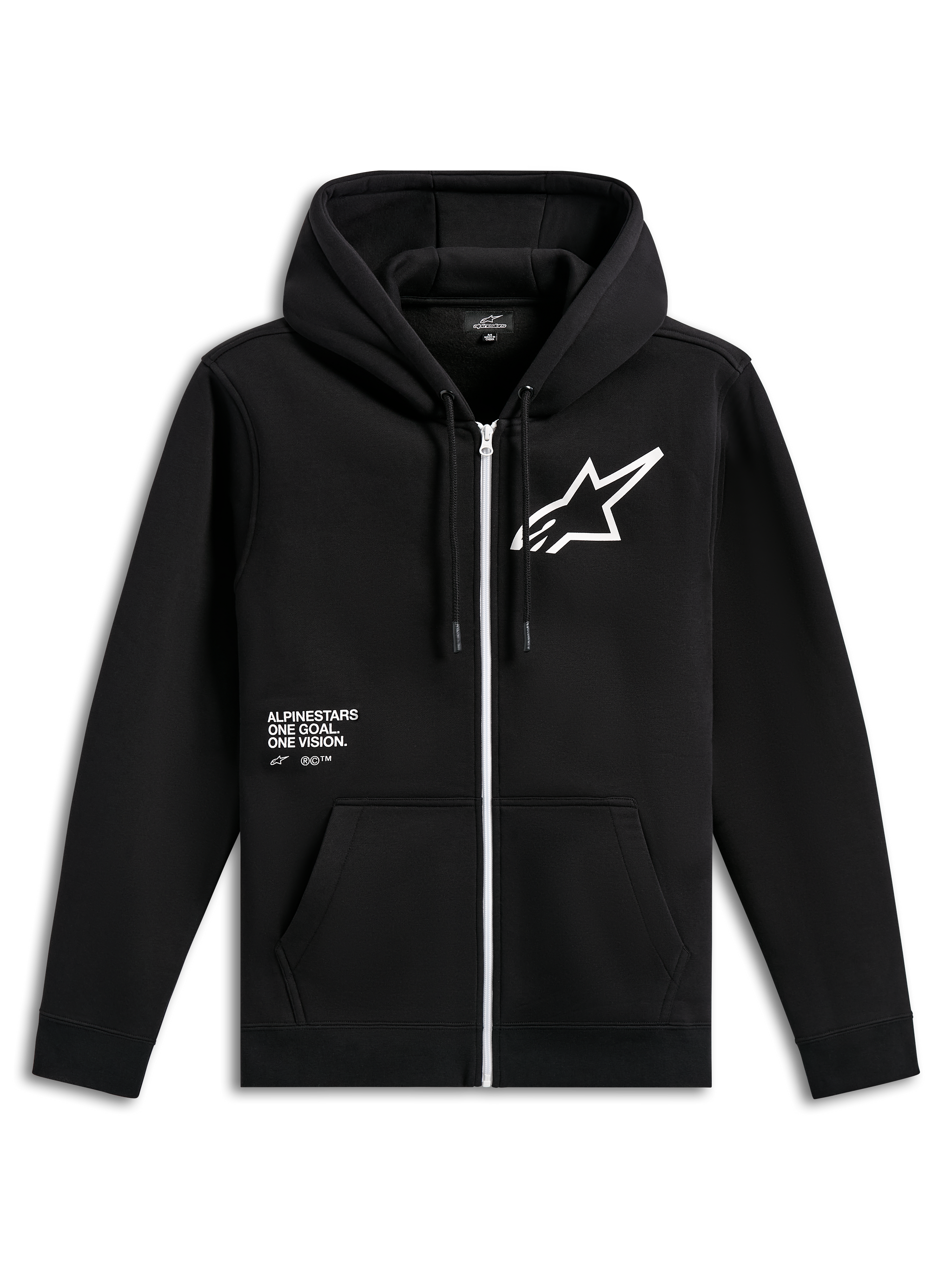 Alpinestars Transverse Hoodie, felpa nera con zip frontale, cerniera bianca, grande logo Astars bianco sul petto, grafica con scritta 'One Goal, One Vision', cappuccio con cordini e polsini a coste, streetwear casual motorsport