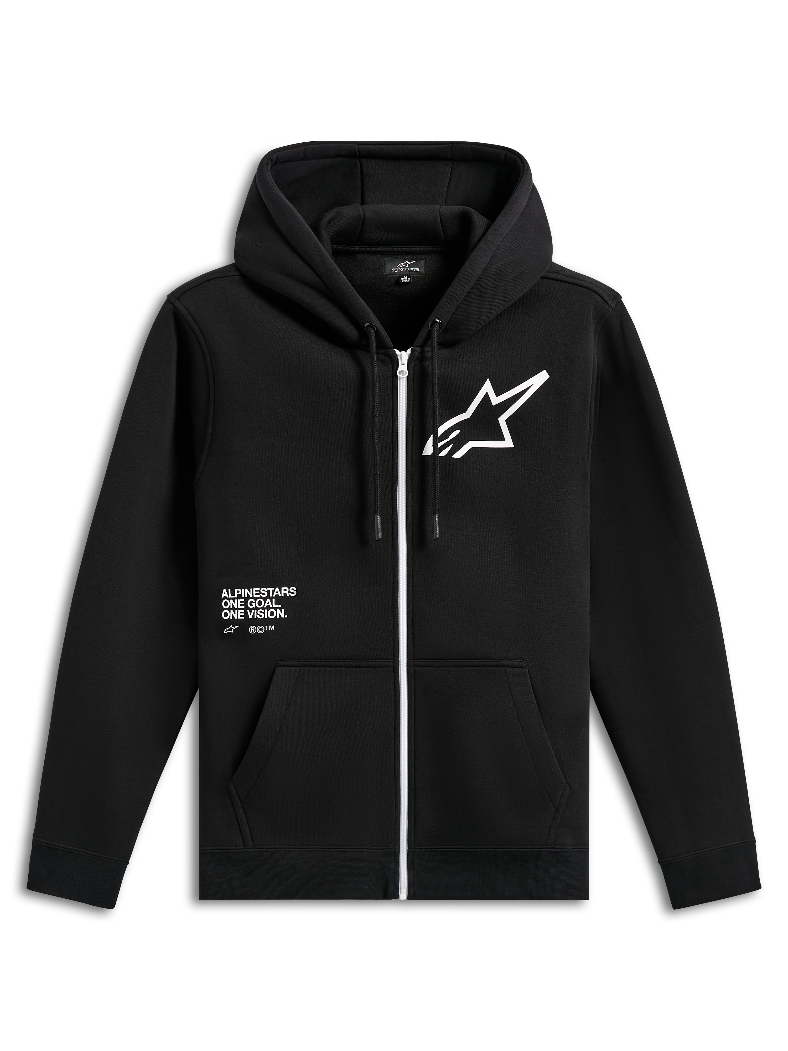 Alpinestars Transverse Hoodie, felpa nera con zip frontale, cerniera bianca, grande logo Astars bianco sul petto, grafica con scritta 'One Goal, One Vision', cappuccio con cordini e polsini a coste, streetwear casual motorsport