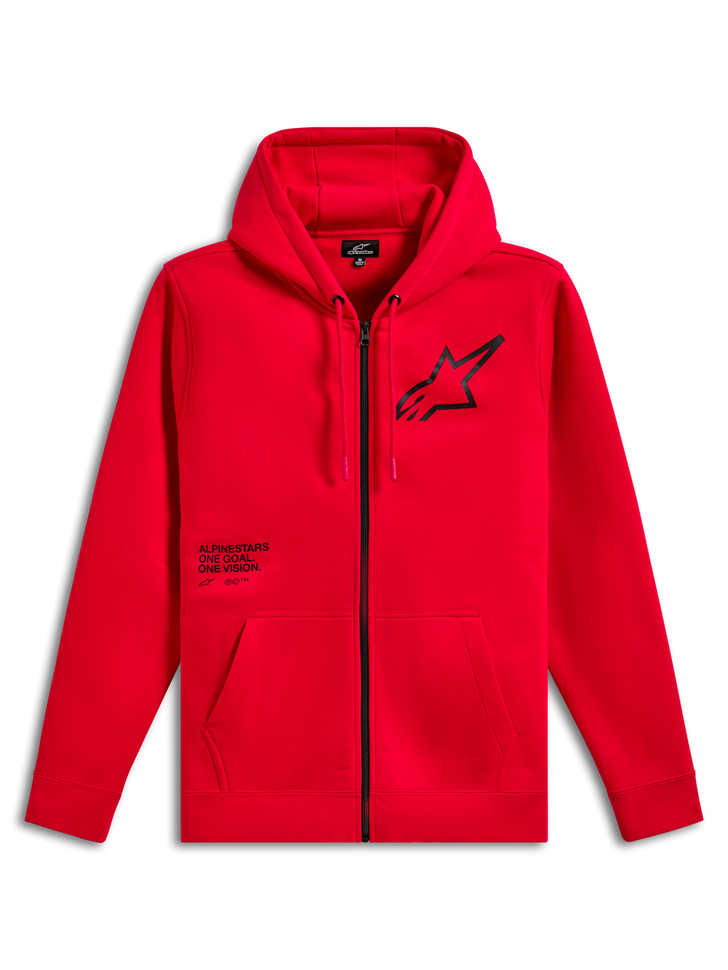 Alpinestars Transverse Hoodie, felpa in pile con zip frontale, rosso, logo Astars nero sul petto con stampa del testo One Goal One Vision, cappuccio con cordino, tasche a marsupio, polsini e orlo a coste, streetwear casual motorsport