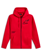 Alpinestars Transverse Hoodie, felpa in pile con zip frontale, rosso, logo Astars nero sul petto con stampa del testo One Goal One Vision, cappuccio con cordino, tasche a marsupio, polsini e orlo a coste, streetwear casual motorsport