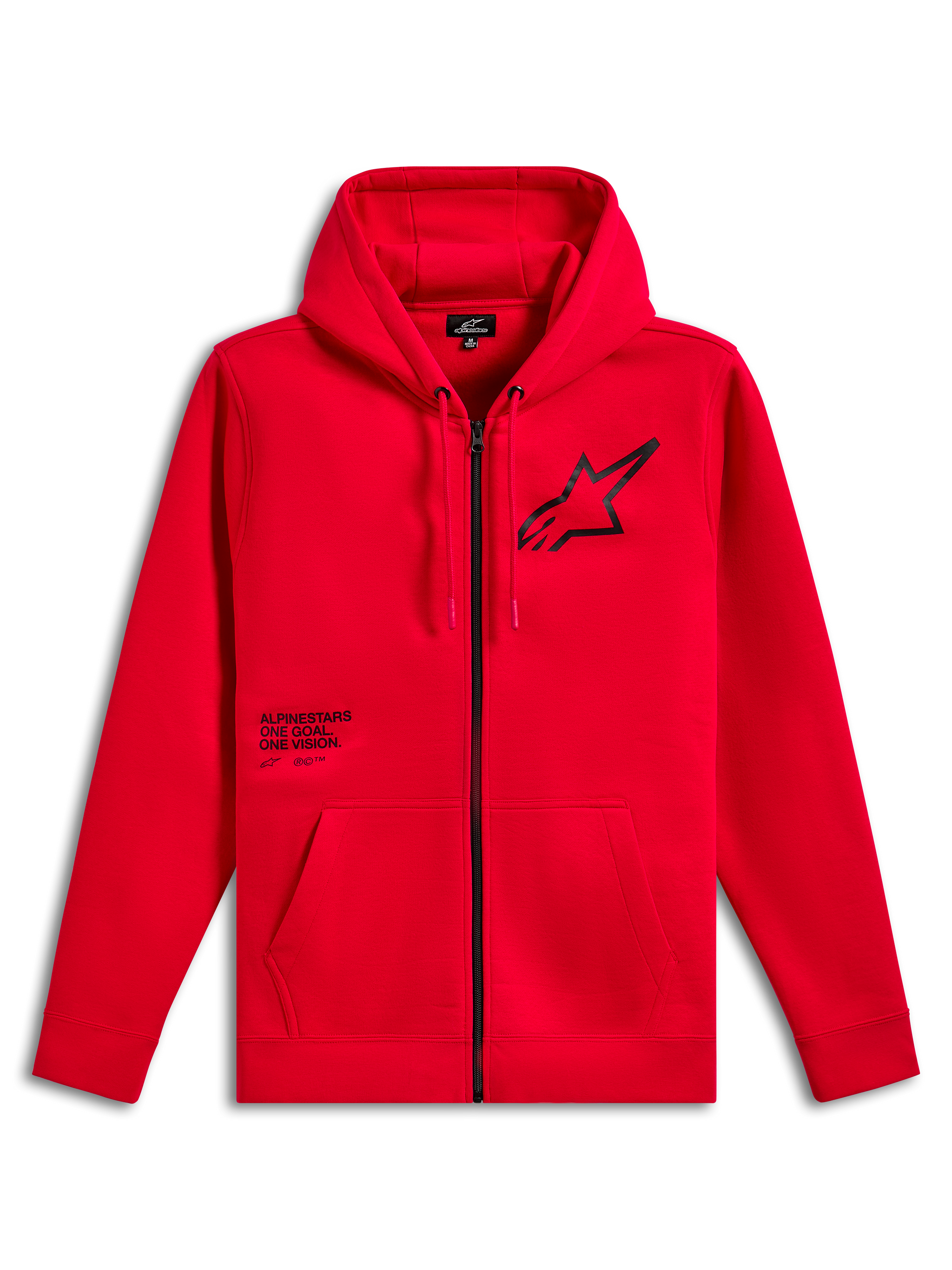 Alpinestars Transverse Hoodie, felpa in pile con zip frontale, rosso, logo Astars nero sul petto con stampa del testo One Goal One Vision, cappuccio con cordino, tasche a marsupio, polsini e orlo a coste, streetwear casual motorsport