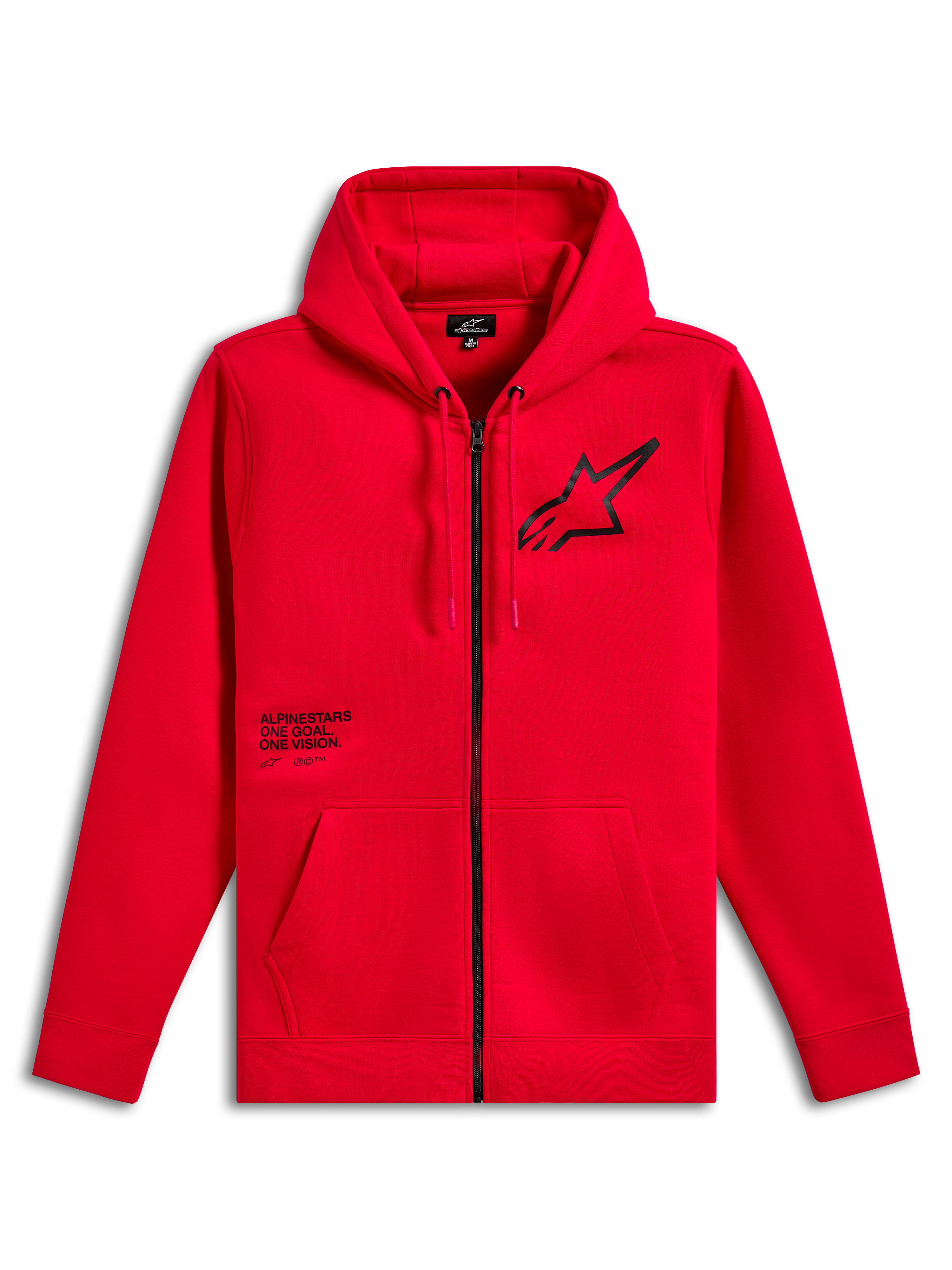Alpinestars Transverse Hoodie, felpa in pile con zip frontale, rosso, logo Astars nero sul petto con stampa del testo One Goal One Vision, cappuccio con cordino, tasche a marsupio, polsini e orlo a coste, streetwear casual motorsport