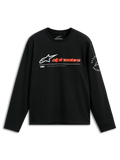 Alpinestars Mandatory CSF Tee, maglietta a maniche lunghe, nero, logo Astars bianco con scritta rosso-arancio, grafica circolare Alpinestars Racing sulla manica, abbigliamento casual motorsport