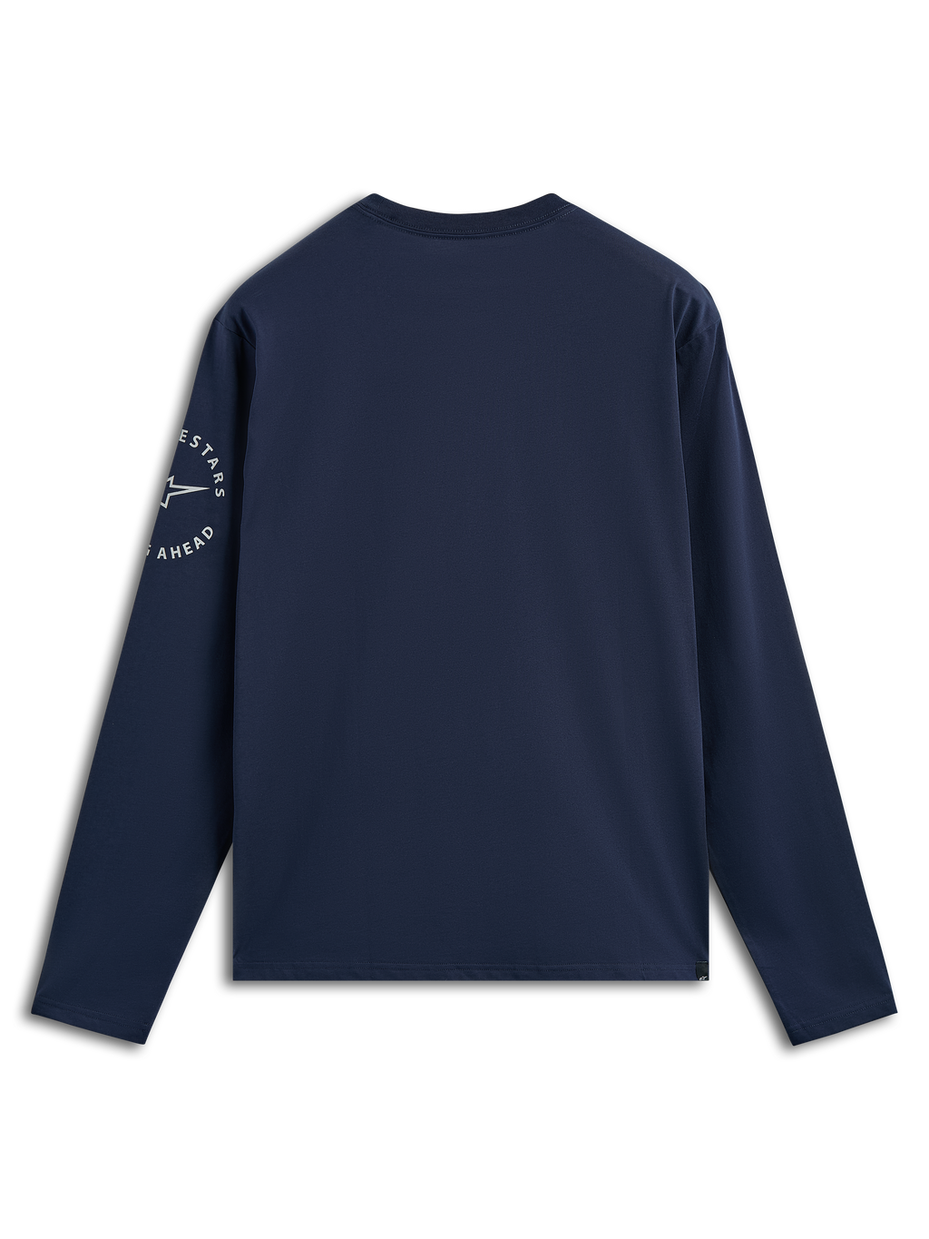 Alpinestars Mandatory CSF Tee, maglietta a maniche lunghe, blu navy, vista posteriore con logo circolare Astars bianco sulla manica sinistra, streetwear casual ispirato al motorsport