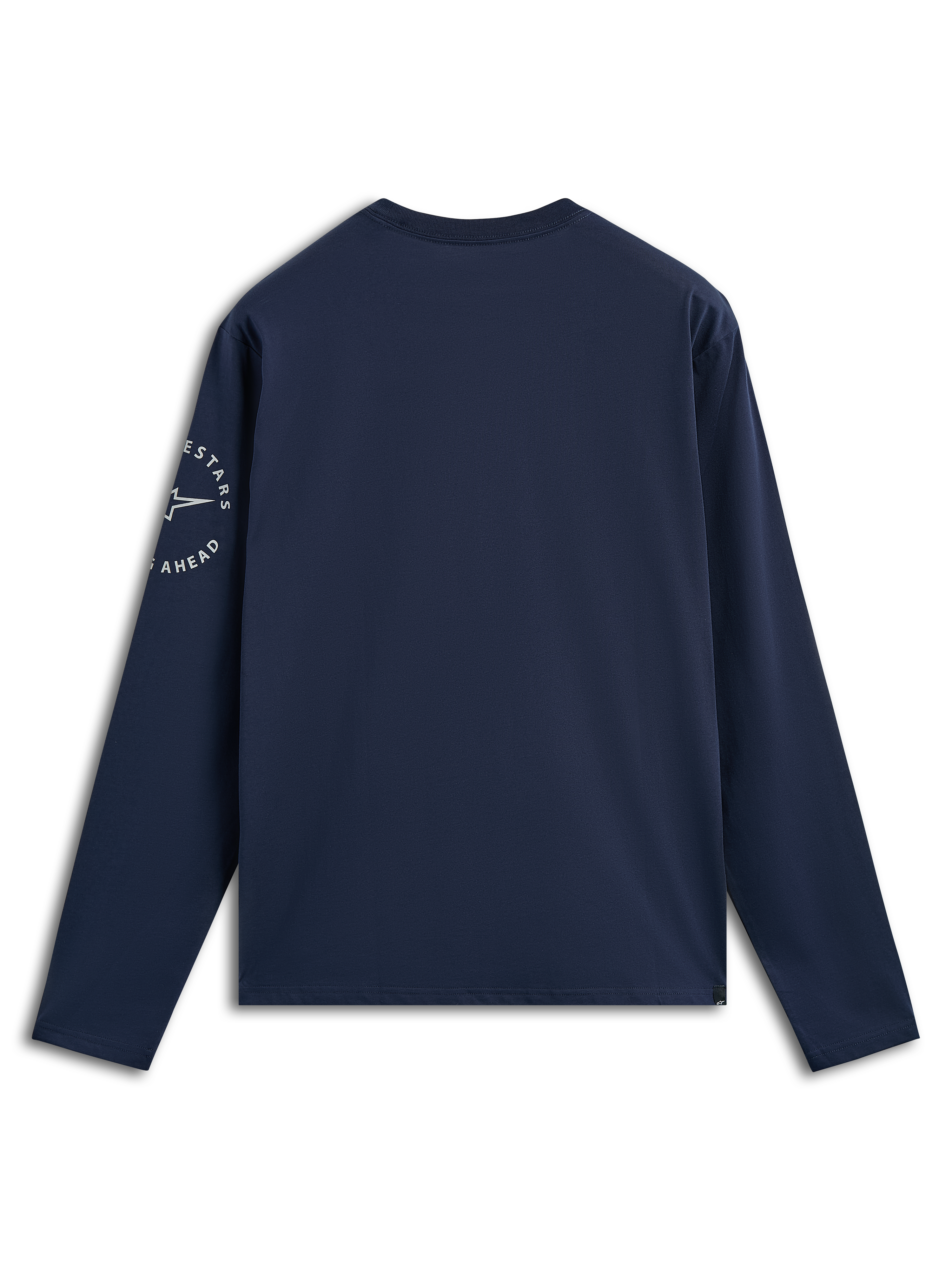Alpinestars Mandatory CSF Tee, maglietta a maniche lunghe, blu navy, vista posteriore con logo circolare Astars bianco sulla manica sinistra, streetwear casual ispirato al motorsport