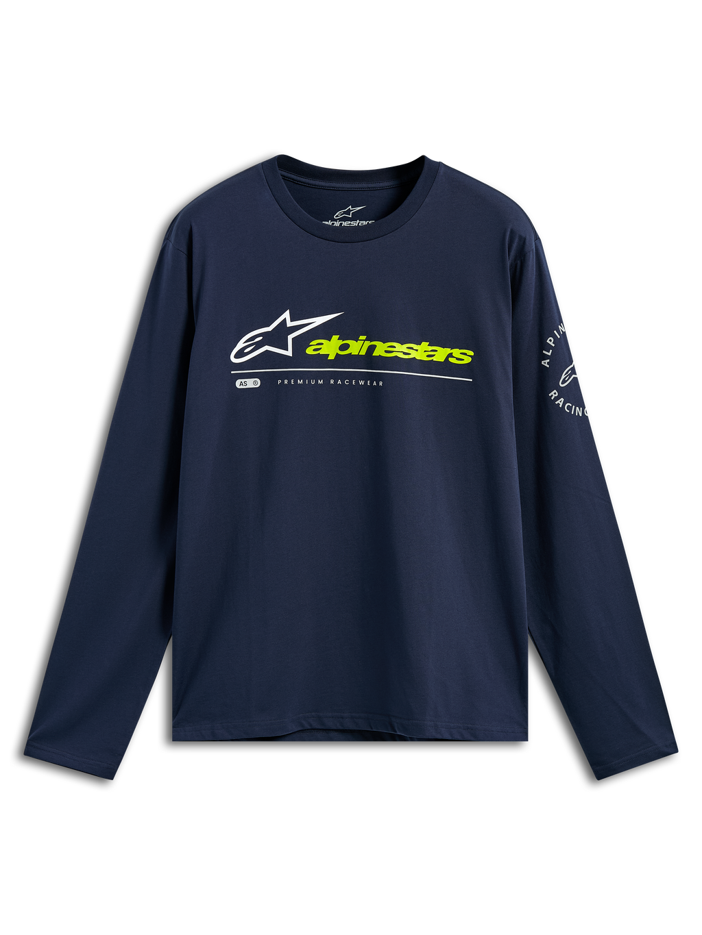 Alpinestars Mandatory CSF Tee, maglietta a maniche lunghe, blu navy, logo Astars bianco e scritta Alpinestars giallo neon sul davanti, logo circolare sulla manica, abbigliamento sportivo casual