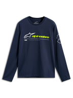 Alpinestars Mandatory CSF Tee, maglietta a maniche lunghe, blu navy, logo Astars bianco e scritta Alpinestars giallo neon sul davanti, logo circolare sulla manica, abbigliamento sportivo casual