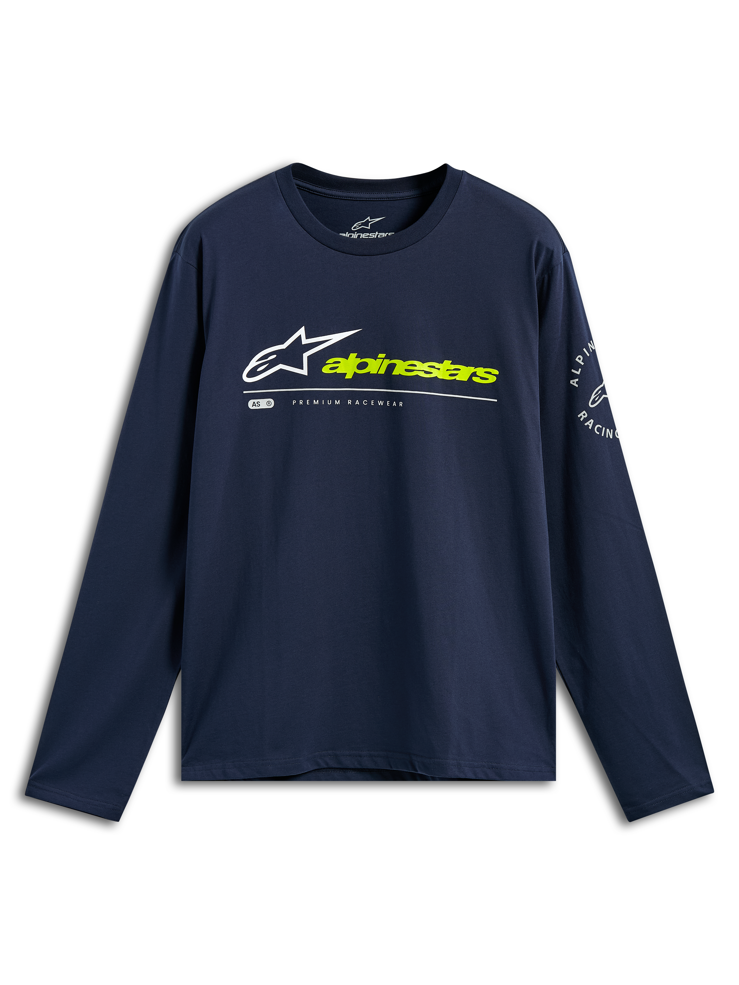 Alpinestars Mandatory CSF Tee, maglietta a maniche lunghe, blu navy, logo Astars bianco e scritta Alpinestars giallo neon sul davanti, logo circolare sulla manica, abbigliamento sportivo casual