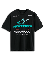Alpinestars Aplomb Oversized CSF Tee, maglietta a maniche corte, nero, grande logo Astars a strisce color petrolio e bianco, scritta Racing Ahead in rosso e grafica a scacchi, streetwear casual motorsport