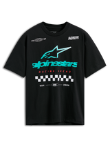 Alpinestars Aplomb Oversized CSF Tee, maglietta a maniche corte, nero, grande logo Astars a strisce color petrolio e bianco, scritta Racing Ahead in rosso e grafica a scacchi, streetwear casual motorsport