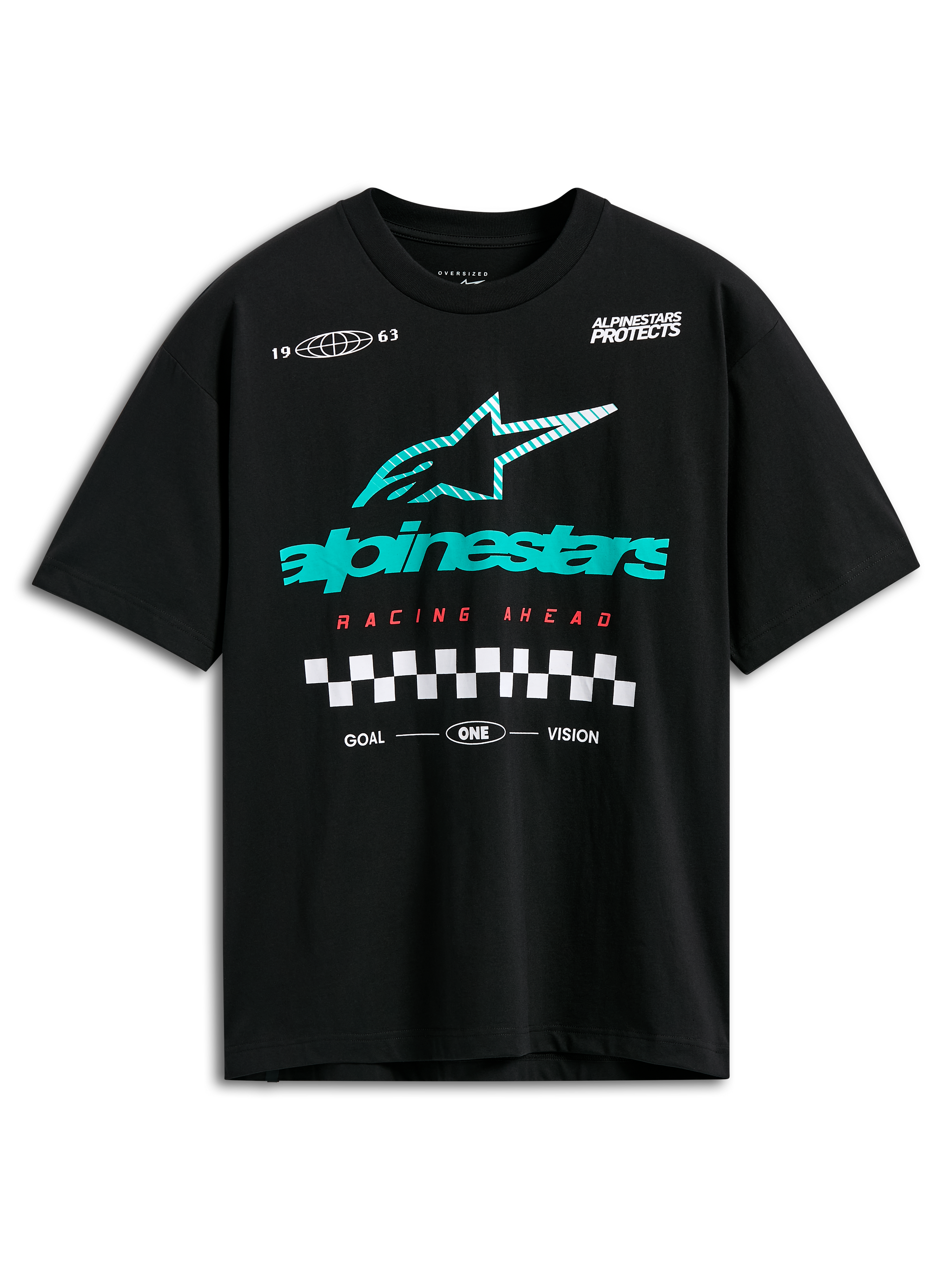 Alpinestars Aplomb Oversized CSF Tee, maglietta a maniche corte, nero, grande logo Astars a strisce color petrolio e bianco, scritta Racing Ahead in rosso e grafica a scacchi, streetwear casual motorsport