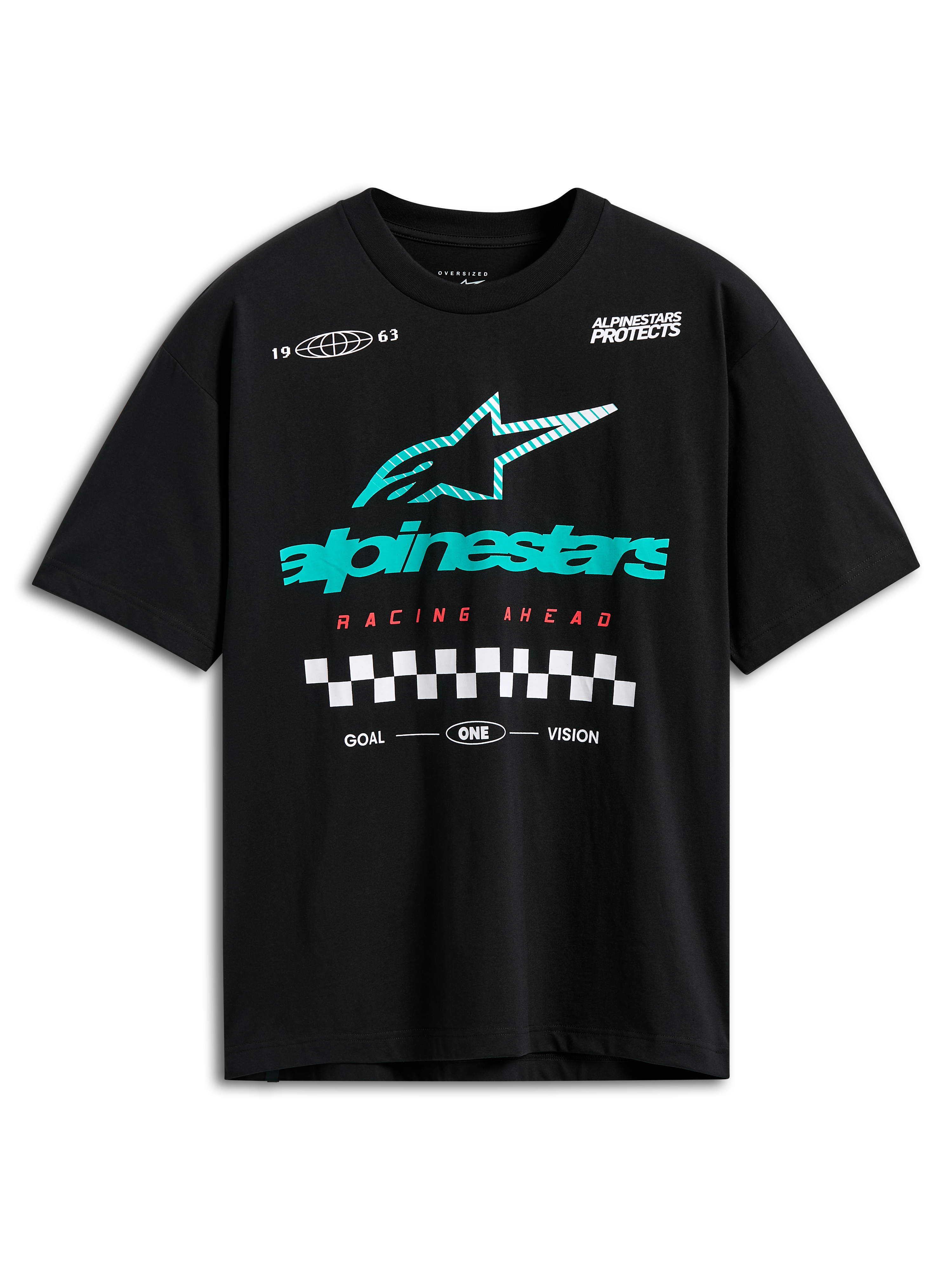 Alpinestars Aplomb Oversized CSF Tee, maglietta a maniche corte, nero, grande logo Astars a strisce color petrolio e bianco, scritta Racing Ahead in rosso e grafica a scacchi, streetwear casual motorsport