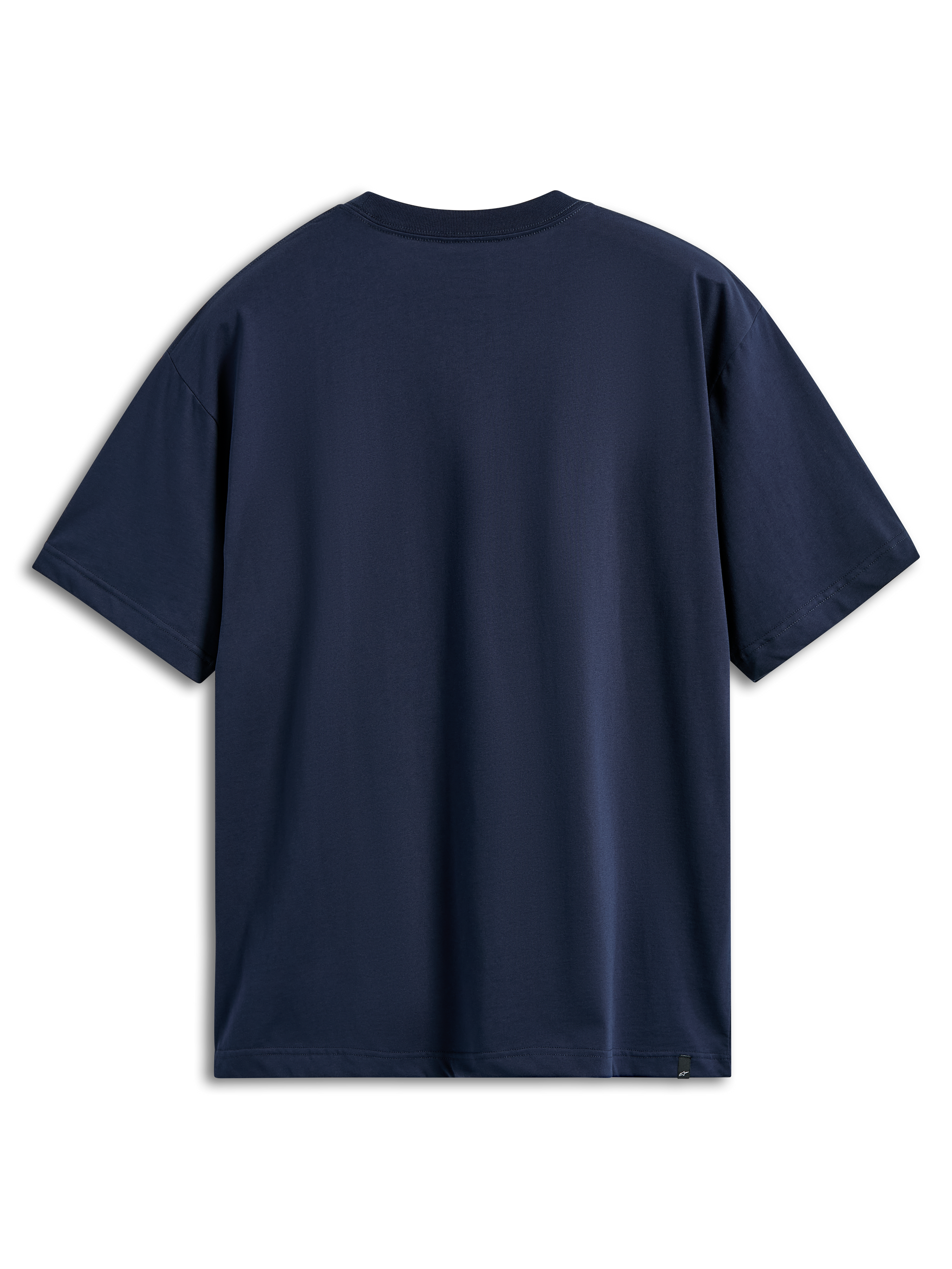 T-shirt Alpinestars Aplomb Oversized CSF, maglietta a maniche corte, navy, vista posteriore, vestibilità oversize rilassata, design semplice con una piccola etichetta logo sull'orlo inferiore, abbigliamento sportivo casual