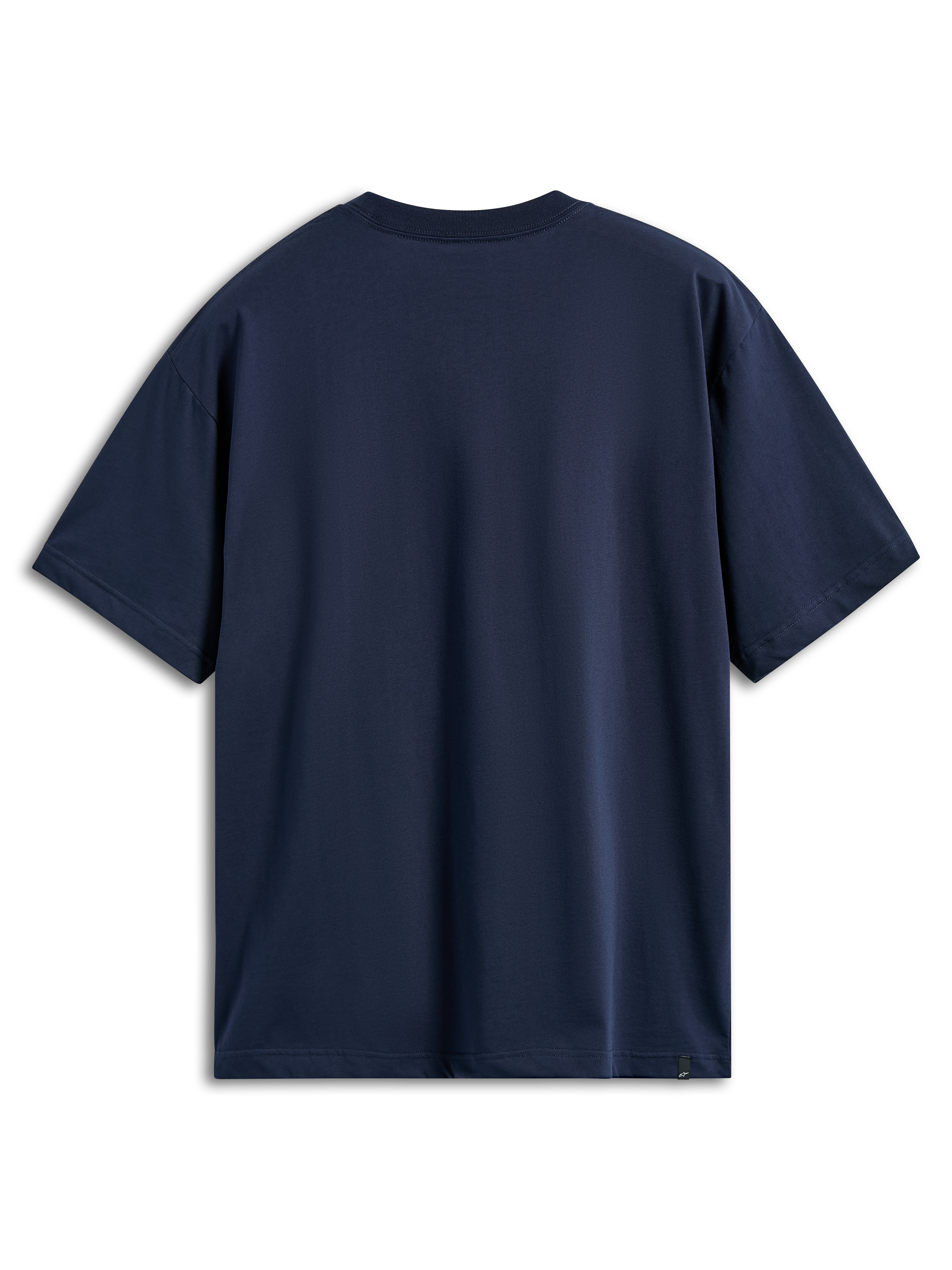 T-shirt Alpinestars Aplomb Oversized CSF, maglietta a maniche corte, navy, vista posteriore, vestibilità oversize rilassata, design semplice con una piccola etichetta logo sull'orlo inferiore, abbigliamento sportivo casual