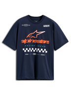 T-shirt Alpinestars Aplomb Oversized CSF, maglietta a maniche corte, blu navy, grande logo Alpinestars arancione con stella a strisce e dettaglio bandiera a scacchi, abbigliamento casual motorsport streetwear