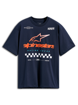 T-shirt Alpinestars Aplomb Oversized CSF, maglietta a maniche corte, blu navy, grande logo Alpinestars arancione con stella a strisce e dettaglio bandiera a scacchi, abbigliamento casual motorsport streetwear