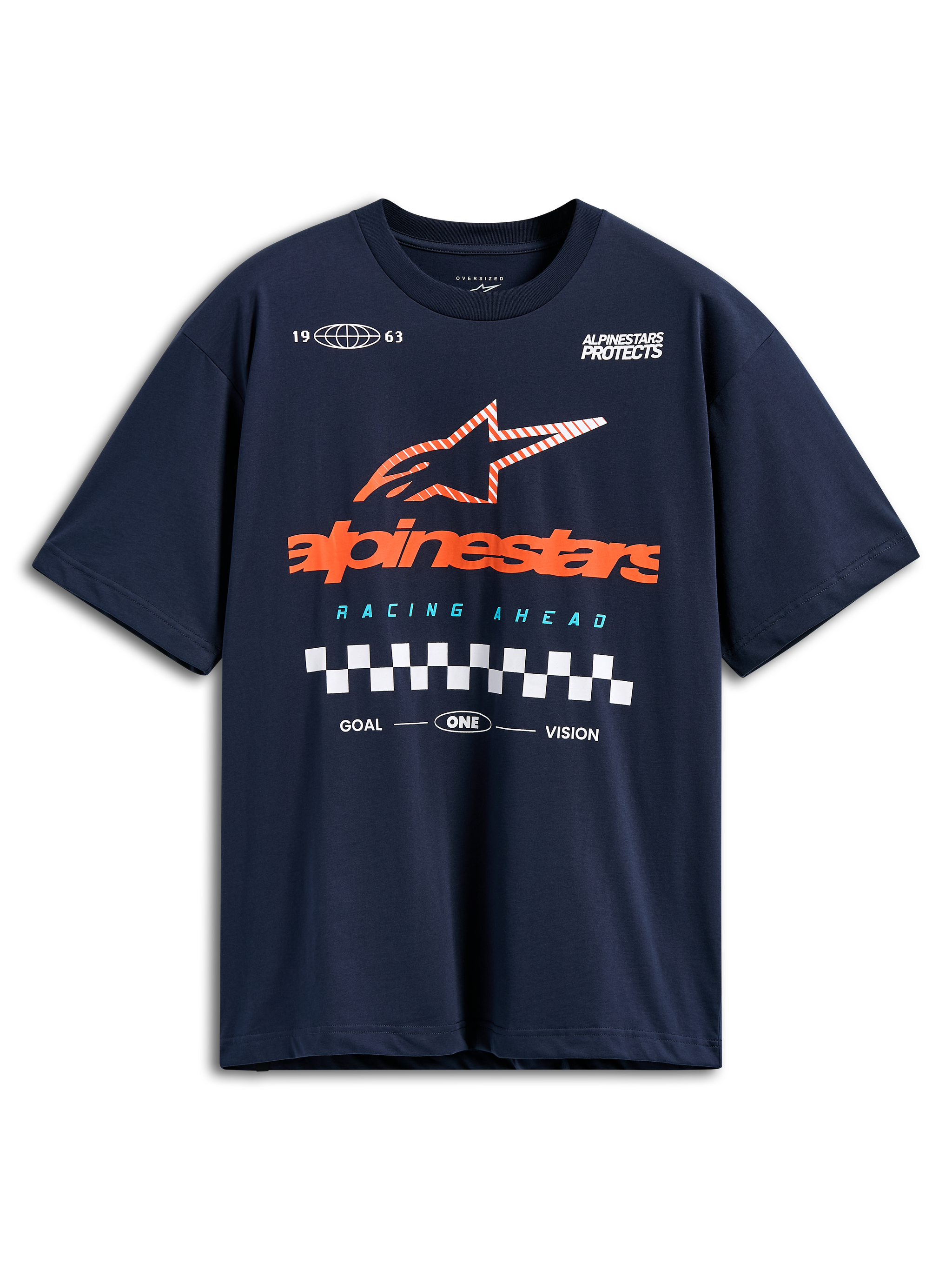 T-shirt Alpinestars Aplomb Oversized CSF, maglietta a maniche corte, blu navy, grande logo Alpinestars arancione con stella a strisce e dettaglio bandiera a scacchi, abbigliamento casual motorsport streetwear