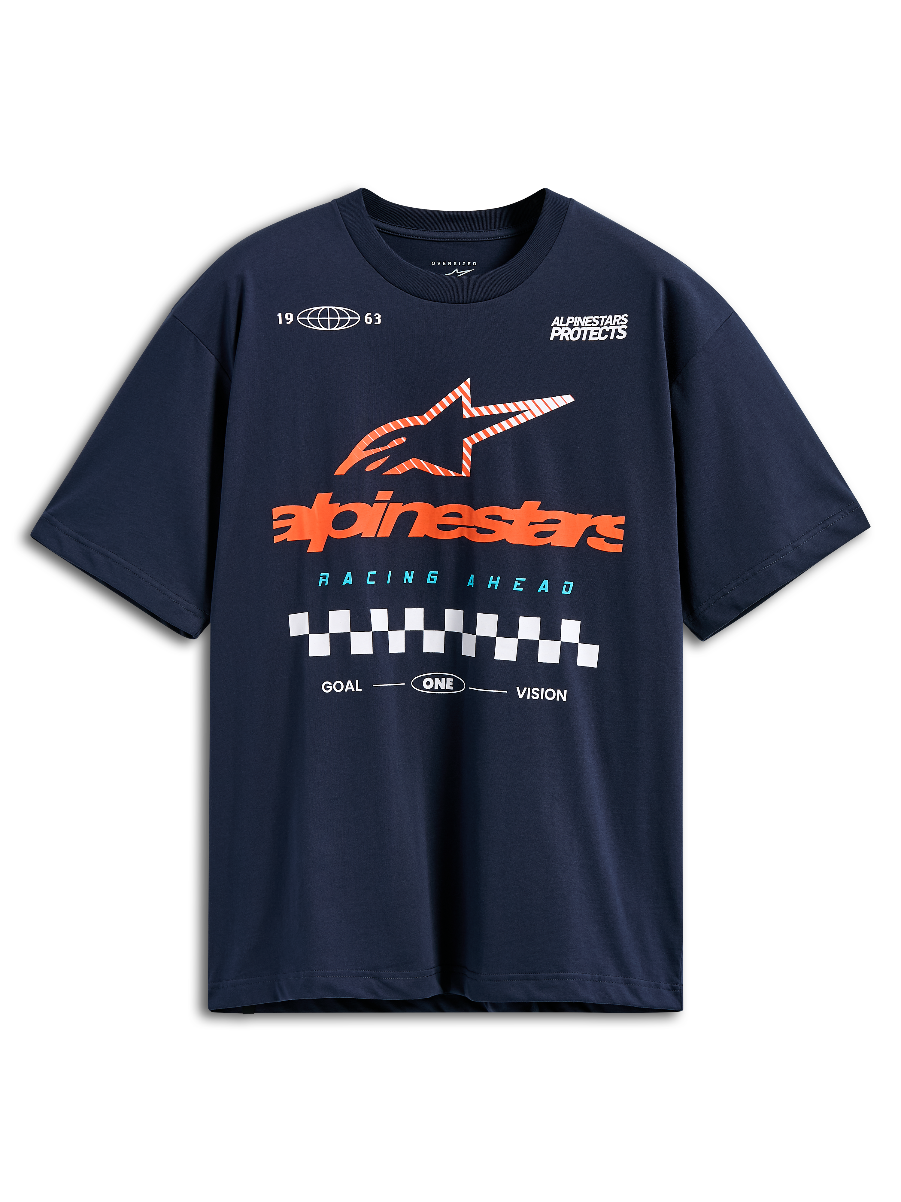 T-shirt Alpinestars Aplomb Oversized CSF, maglietta a maniche corte, blu navy, grande logo Alpinestars arancione con stella a strisce e dettaglio bandiera a scacchi, abbigliamento casual motorsport streetwear