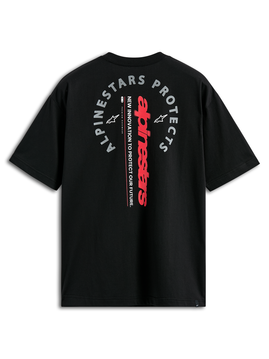 Alpinestars Maglietta Overhang Oversized CSF, t-shirt a maniche corte, nero, vista posteriore con logo verticale rosso e grafica grigia 'Alpinestars Protects', streetwear casual motorsport