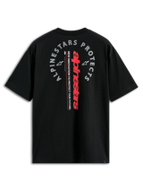 Alpinestars Maglietta Overhang Oversized CSF, t-shirt a maniche corte, nero, vista posteriore con logo verticale rosso e grafica grigia 'Alpinestars Protects', streetwear casual motorsport