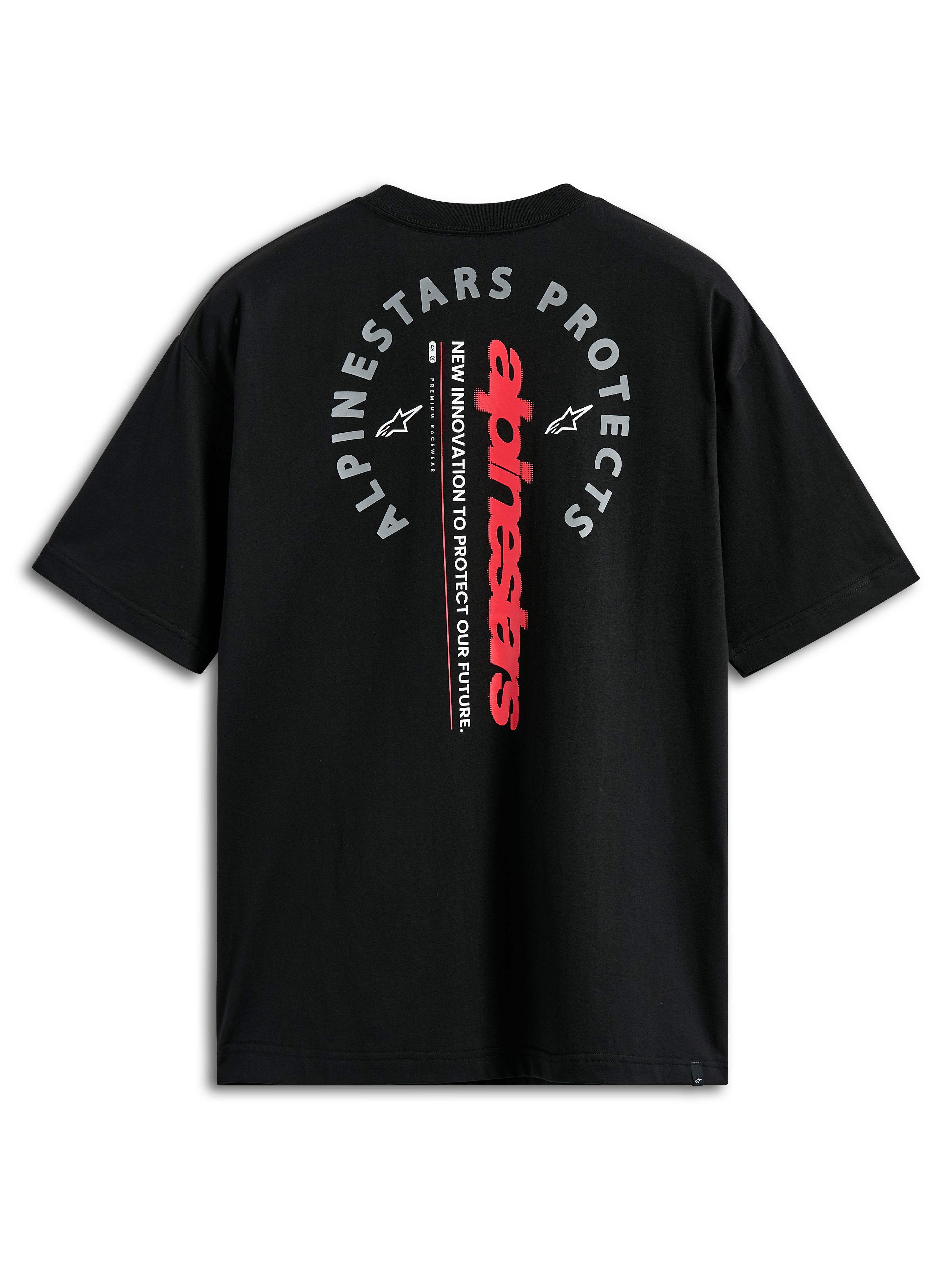 Alpinestars Maglietta Overhang Oversized CSF, t-shirt a maniche corte, nero, vista posteriore con logo verticale rosso e grafica grigia 'Alpinestars Protects', streetwear casual motorsport