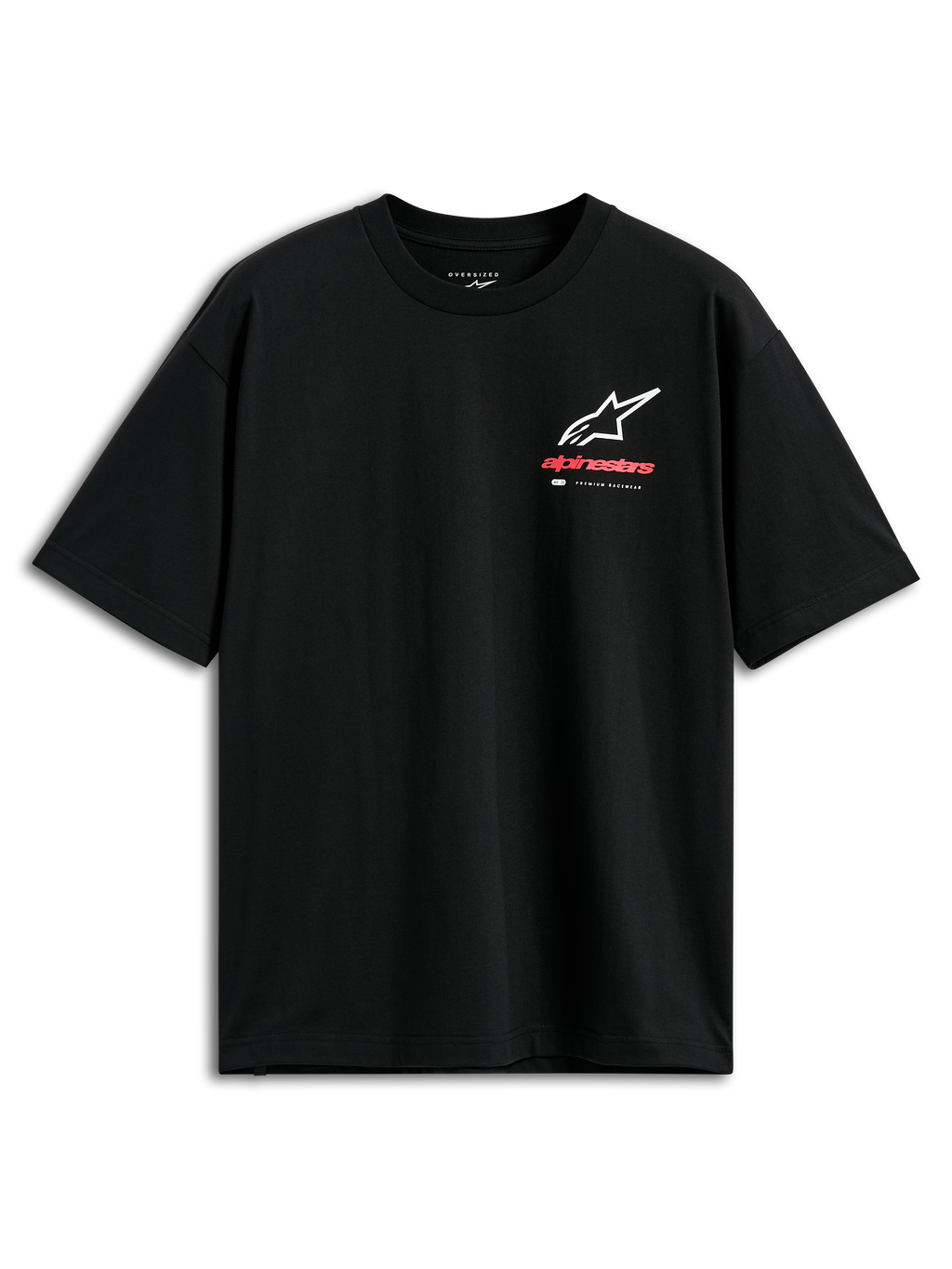 Alpinestars Overhang Oversized CSF Tee, t-shirt a maniche corte, nero, logo Astars frontale combinato in bianco e rosso con marchio 'Premium Racewear', vestibilità oversize casual motorsport streetwear