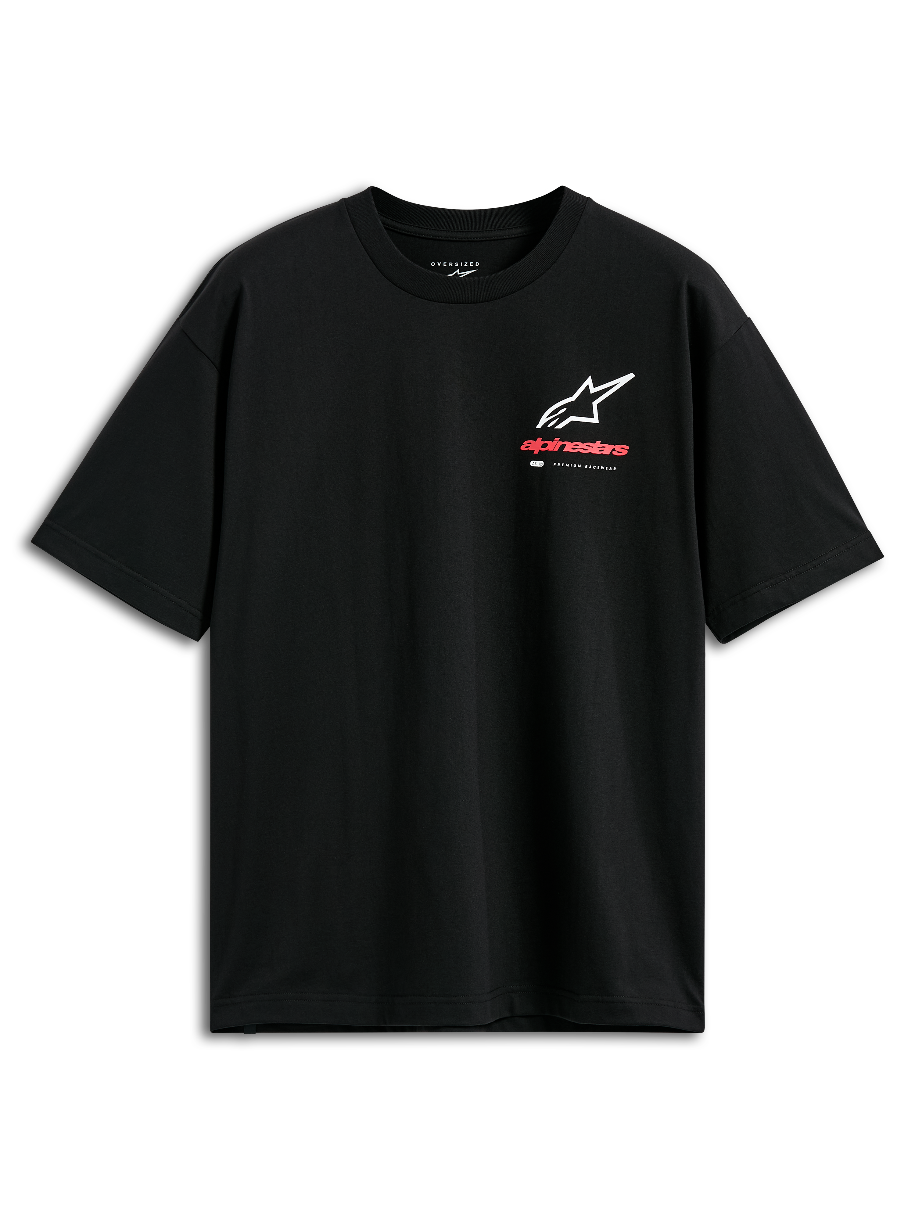 Alpinestars Overhang Oversized CSF Tee, t-shirt a maniche corte, nero, logo Astars frontale combinato in bianco e rosso con marchio 'Premium Racewear', vestibilità oversize casual motorsport streetwear