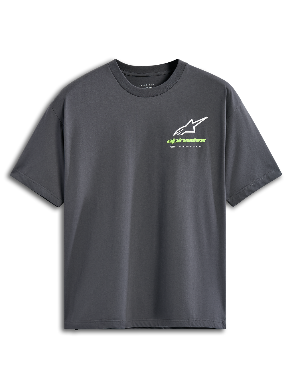 Alpinestars Overhang Oversized CSF Tee, maglietta a maniche corte, grigio antracite, logo Astars bianco con scritta verde lime, streetwear casual motorsport