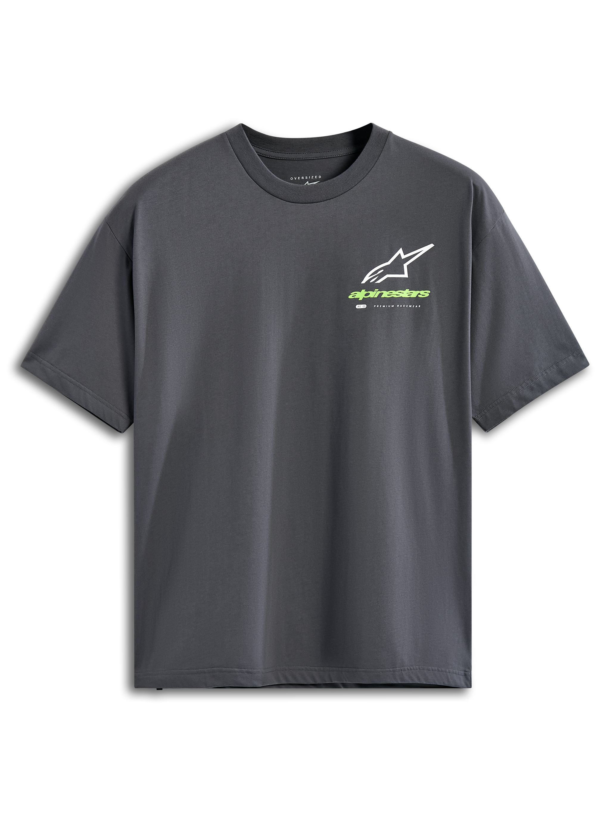 Alpinestars Overhang Oversized CSF Tee, maglietta a maniche corte, grigio antracite, logo Astars bianco con scritta verde lime, streetwear casual motorsport