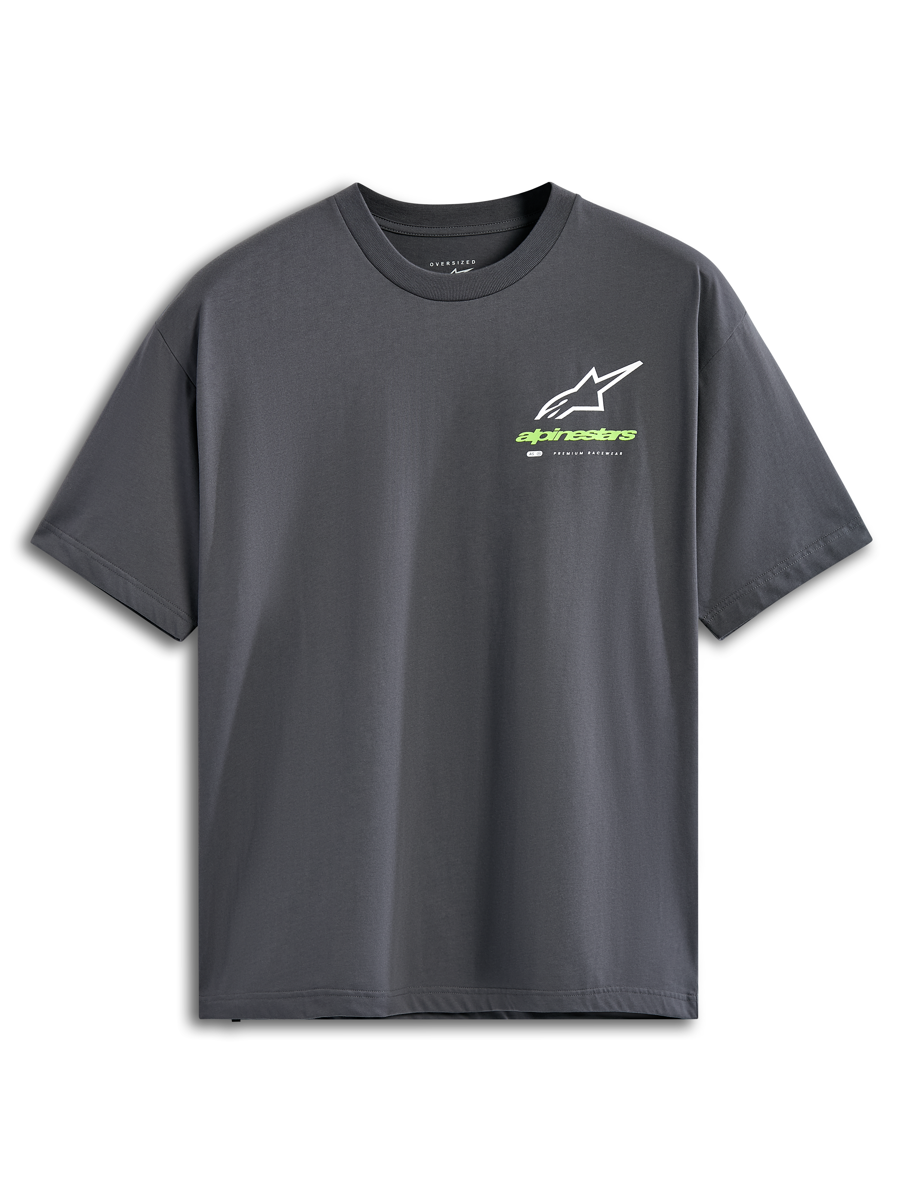 Alpinestars Overhang Oversized CSF Tee, maglietta a maniche corte, grigio antracite, logo Astars bianco con scritta verde lime, streetwear casual motorsport