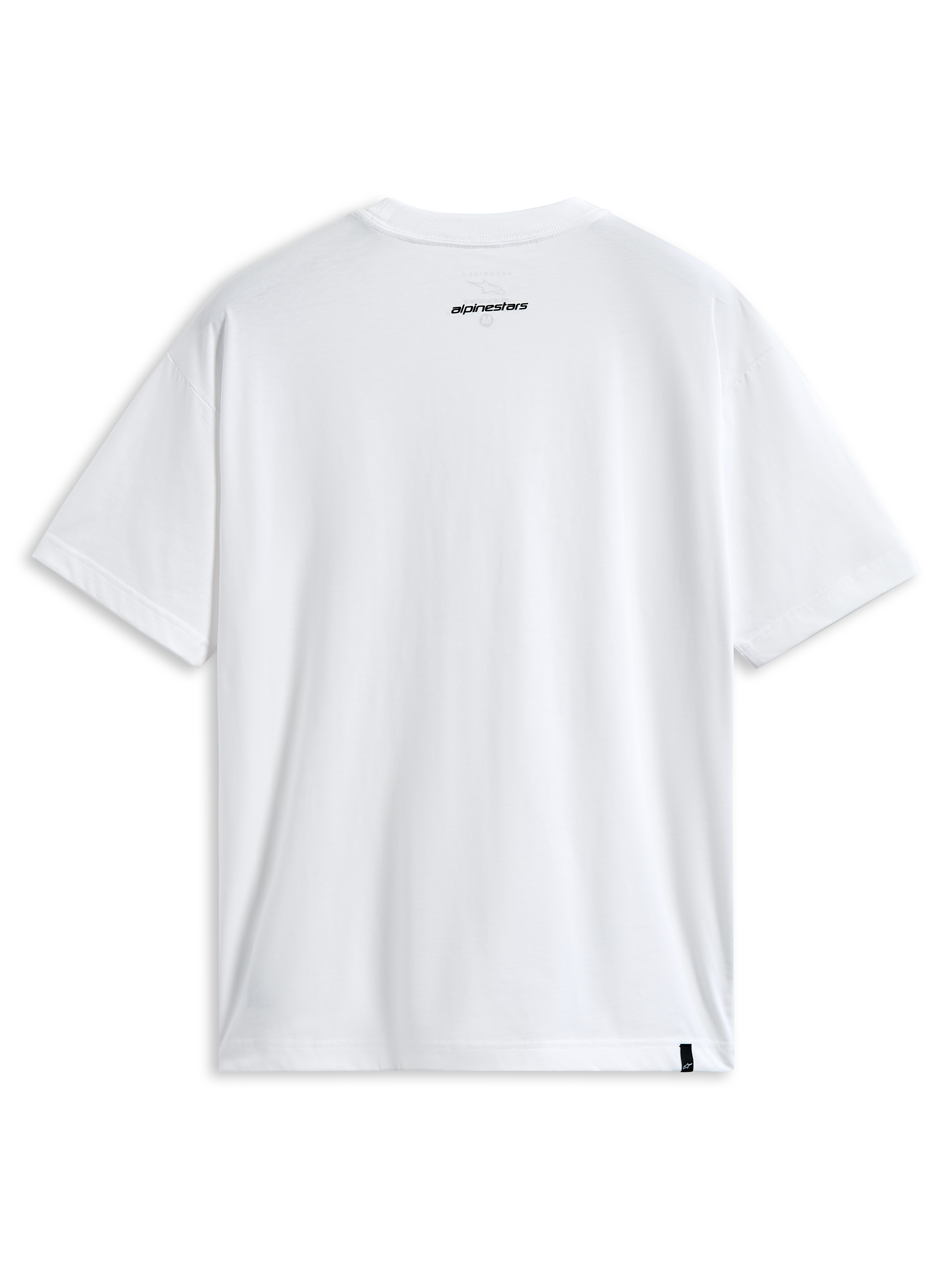 Alpinestars Focused Oversized CSF Tee, t-shirt a maniche corte, bianco, vista posteriore con piccolo logo Alpinestars nero sul collo ed etichetta esterna sull'orlo, streetwear casual motorsport