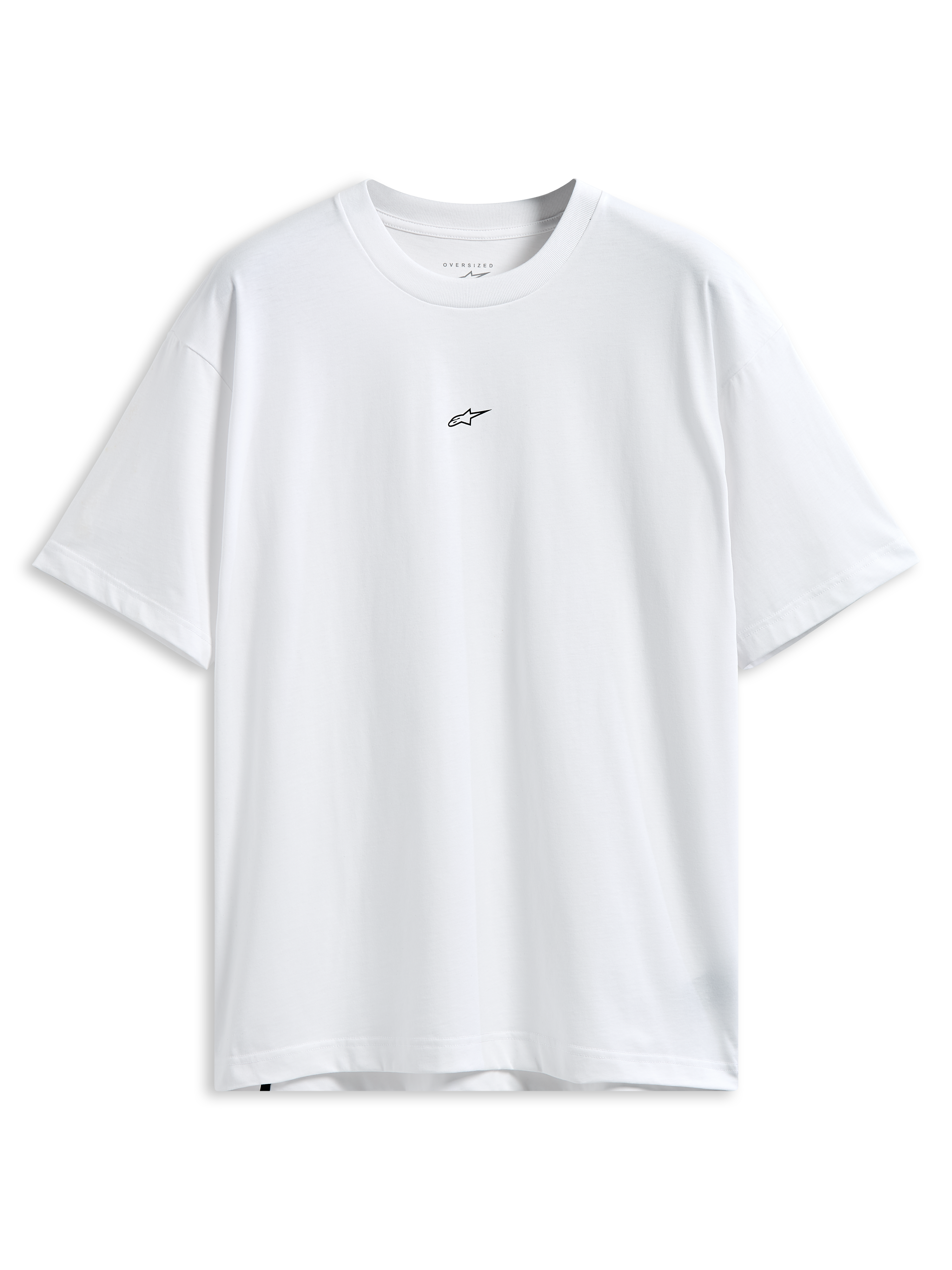 Alpinestars Focused Oversized CSF Tee, t-shirt a maniche corte, bianca, piccolo logo Astars nero sul petto, vestibilità rilassata oversize, streetwear casual ispirato al motorsport