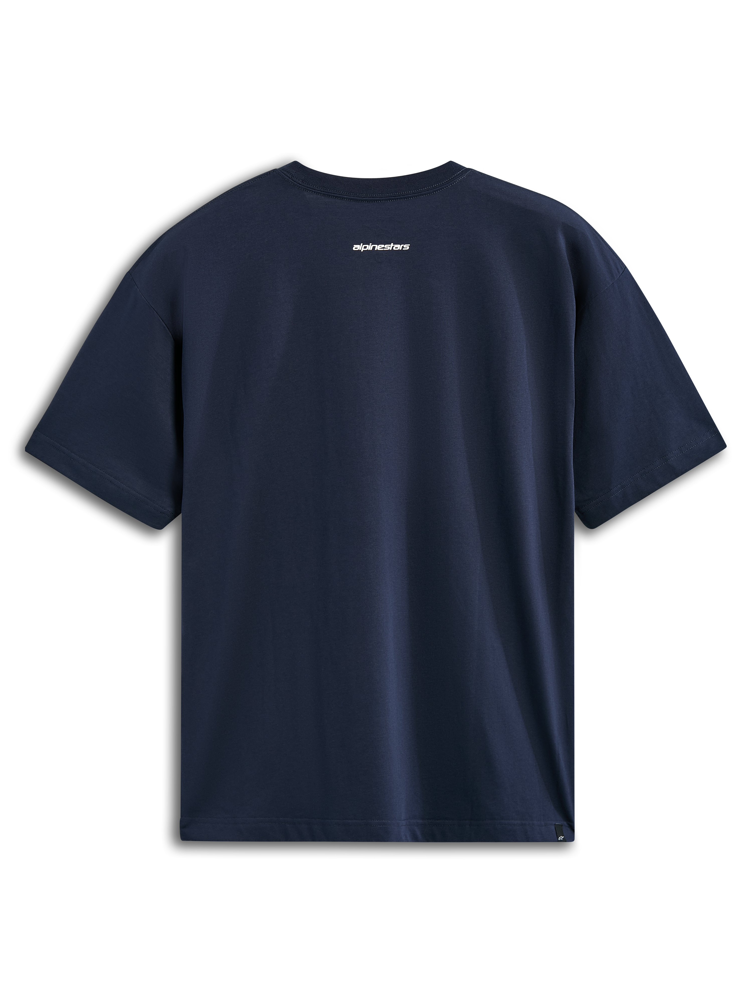 Alpinestars T-shirt Focused Oversized CSF, t-shirt a maniche corte, blu navy, vista posteriore con piccolo logo Alpinestars bianco, abbigliamento casual motorsport streetwear