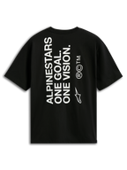 Alpinestars One Oversized CSF Tee, maglietta a maniche corte, nero, vista posteriore con testo bianco verticale 'ALPINESTARS ONE GOAL. ONE VISION.' e logo Astars, abbigliamento casual motorsport streetwear