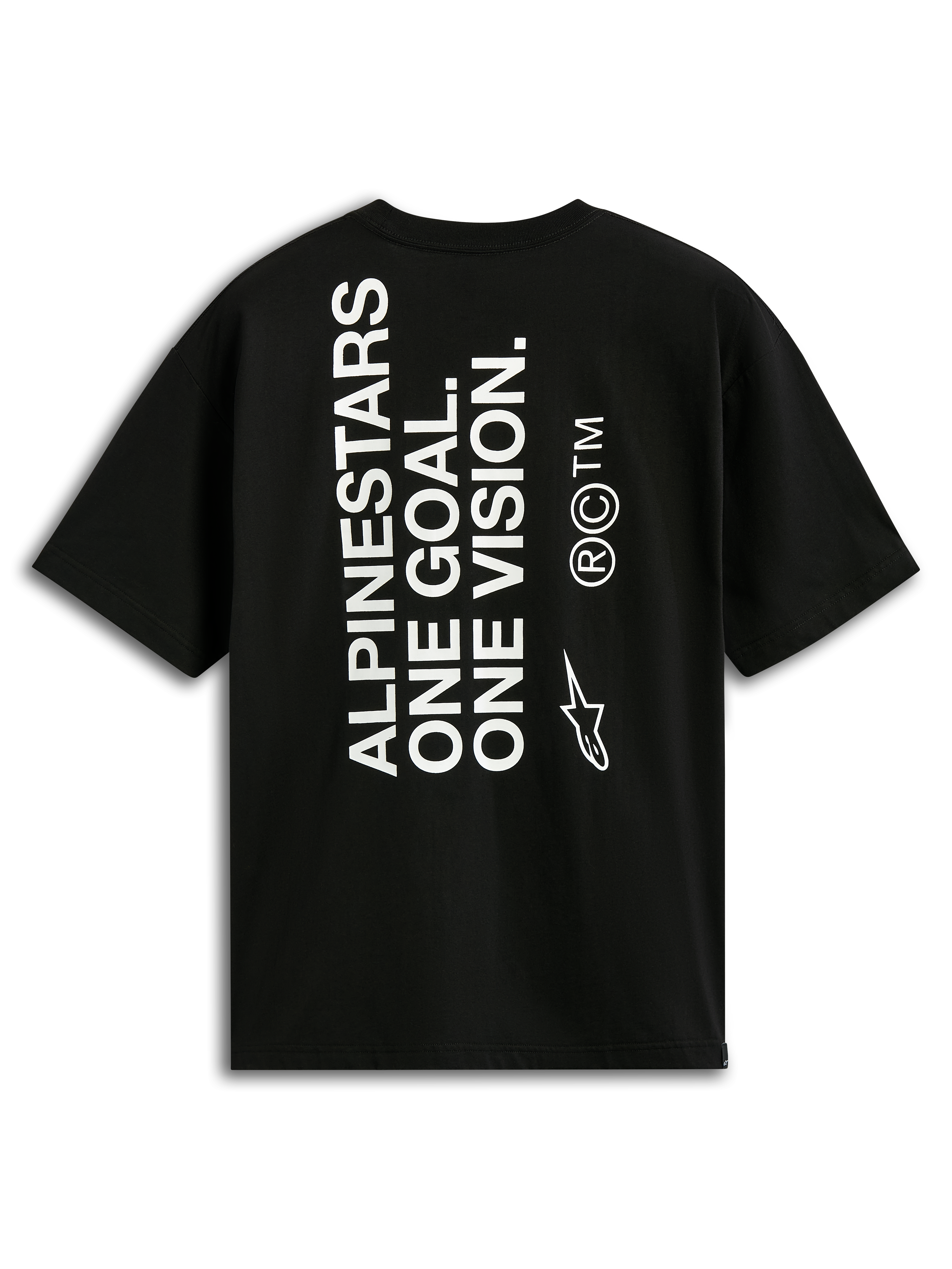 Alpinestars One Oversized CSF Tee, maglietta a maniche corte, nero, vista posteriore con testo bianco verticale 'ALPINESTARS ONE GOAL. ONE VISION.' e logo Astars, abbigliamento casual motorsport streetwear