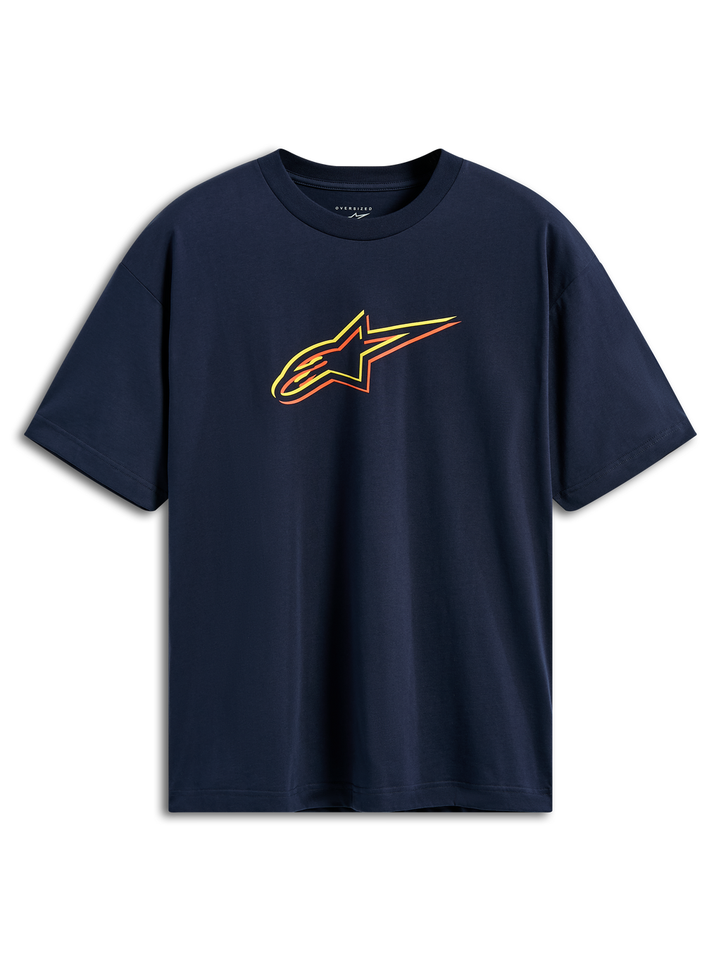 Alpinestars Alter Oversized CSF Tee, t-shirt a maniche corte, blu navy, logo Astars con profili sfalsati in giallo, arancione e rosso, streetwear casual motorsport
