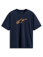 Alpinestars Alter Oversized CSF Tee, t-shirt a maniche corte, blu navy, logo Astars con profili sfalsati in giallo, arancione e rosso, streetwear casual motorsport