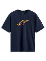 Alpinestars Alter Oversized CSF Tee, t-shirt a maniche corte, blu navy, logo Astars con profili sfalsati in giallo, arancione e rosso, streetwear casual motorsport