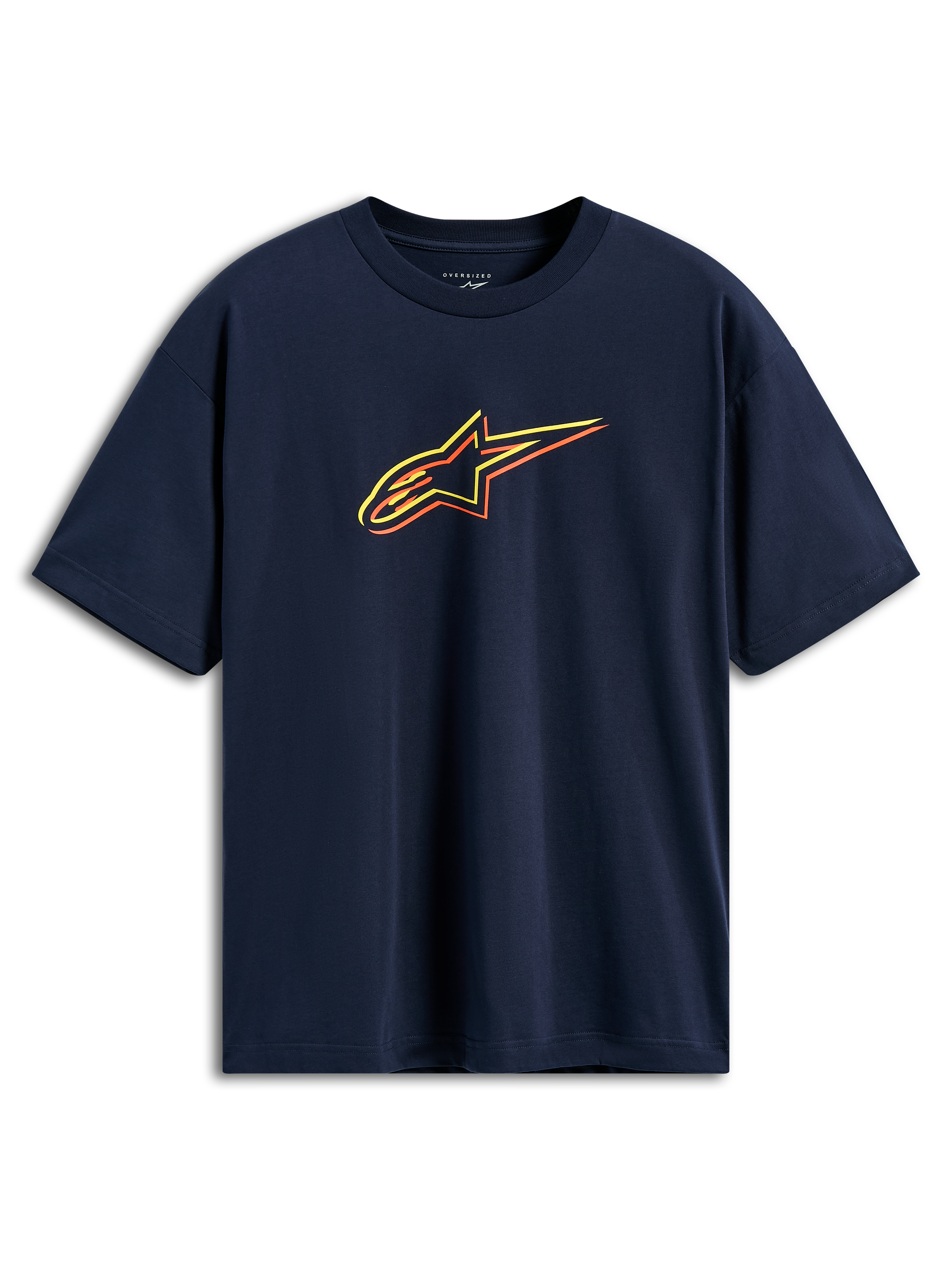 Alpinestars Alter Oversized CSF Tee, t-shirt a maniche corte, blu navy, logo Astars con profili sfalsati in giallo, arancione e rosso, streetwear casual motorsport