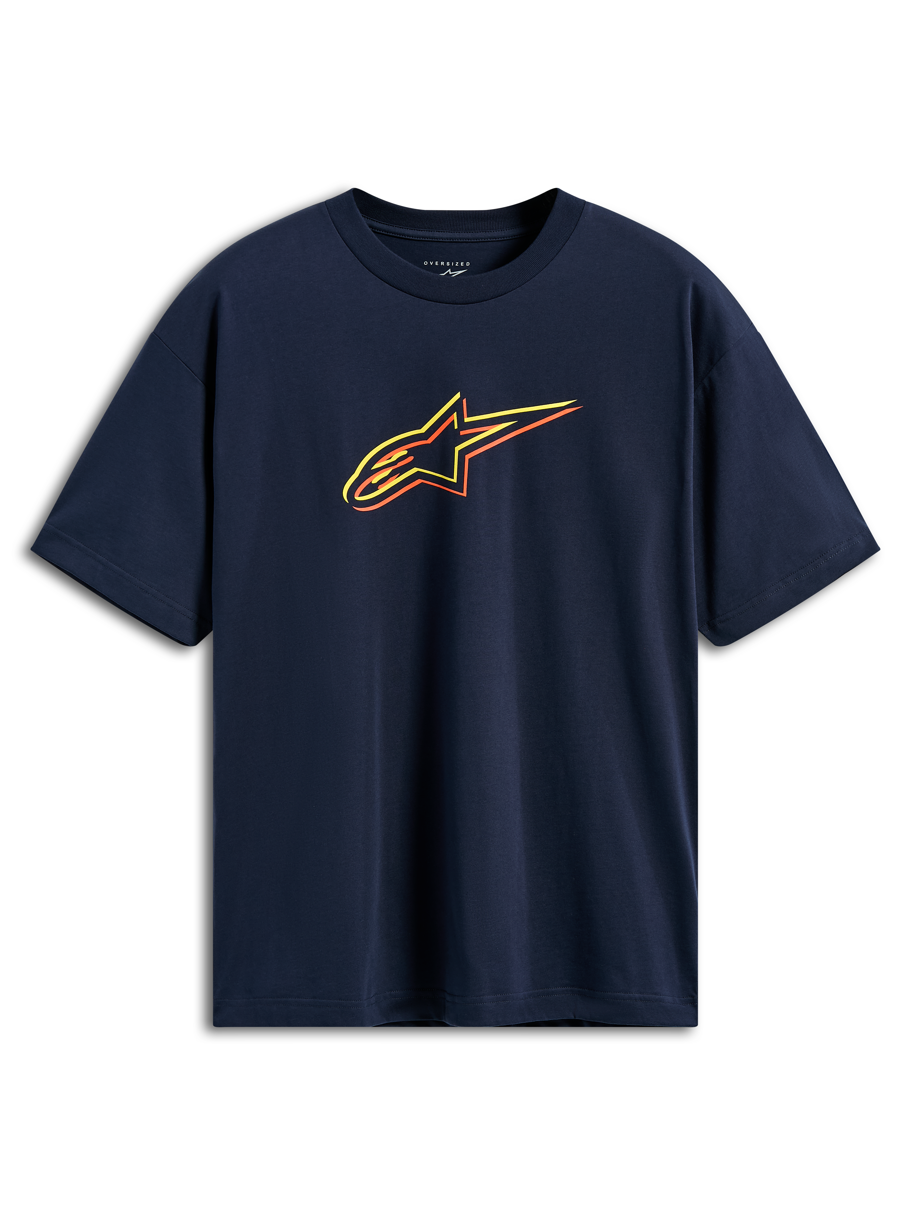 Alpinestars Alter Oversized CSF Tee, t-shirt a maniche corte, blu navy, logo Astars con profili sfalsati in giallo, arancione e rosso, streetwear casual motorsport